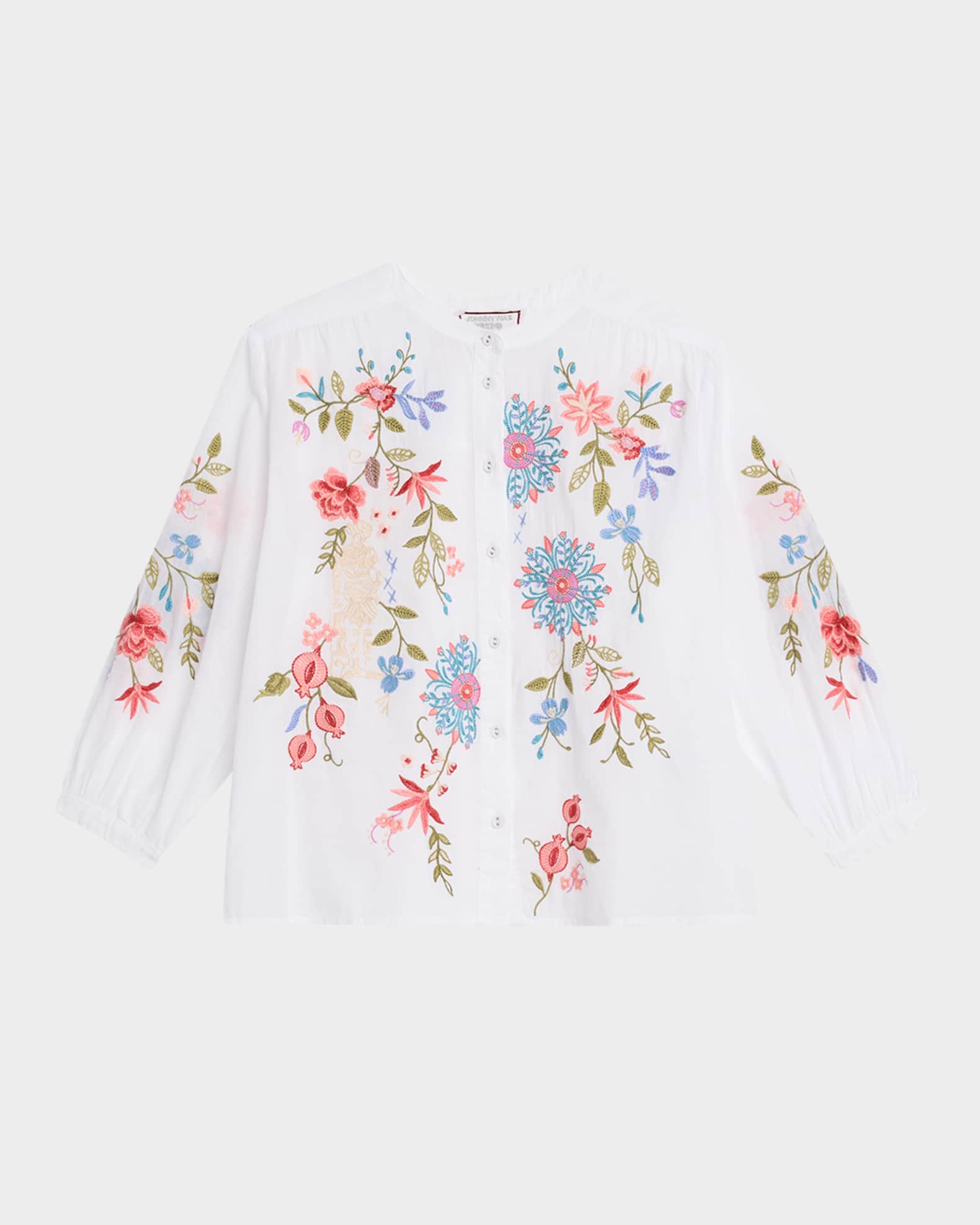 Shirred Floral-Embroidered Cotton Blouse 0