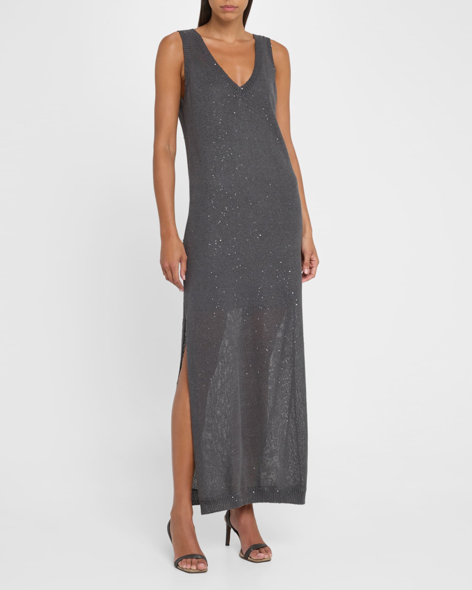 V-Neck Linen-Silk Paillette Knit Maxi Dress 1