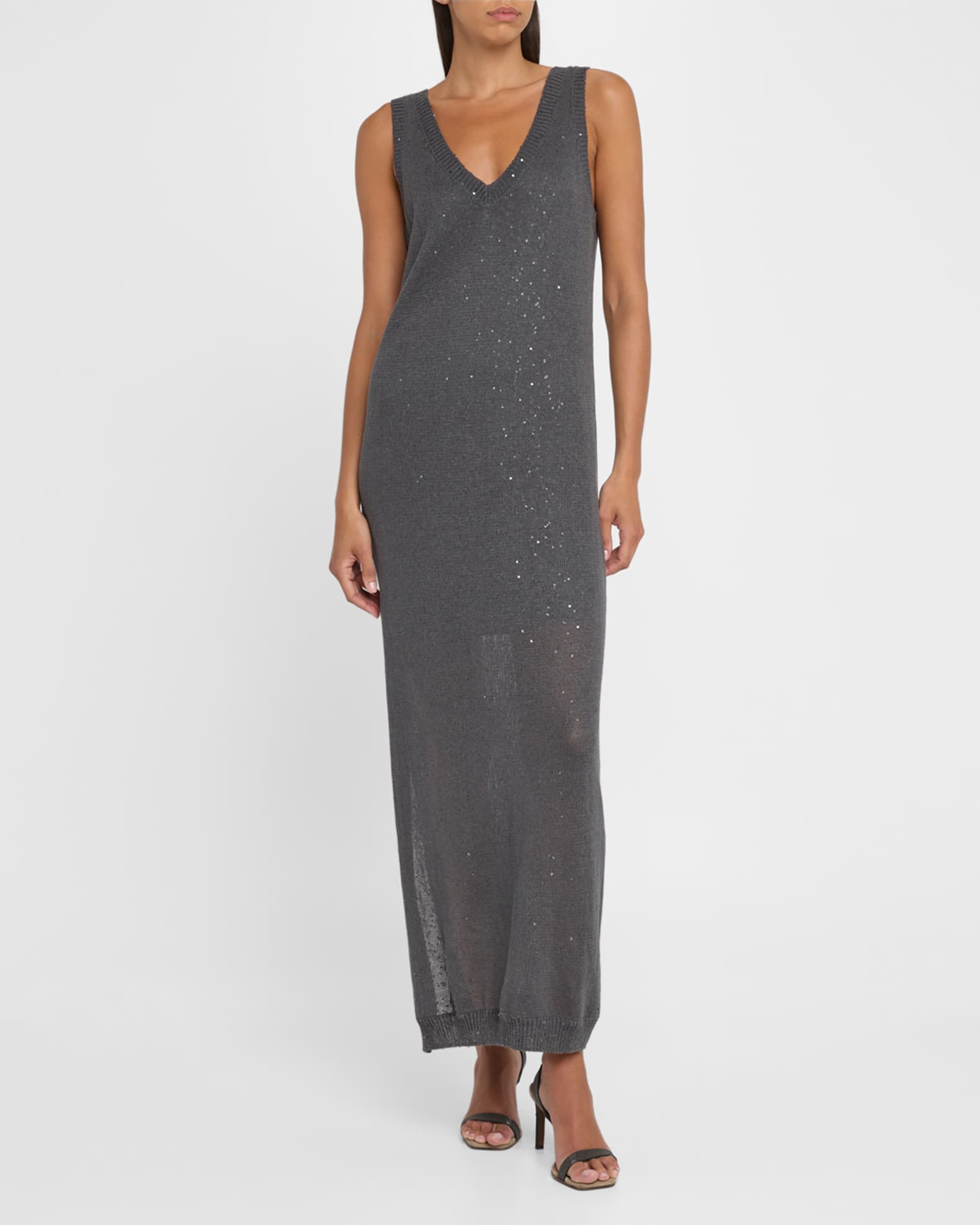 Brunello Cucinelli V-Neck Linen-Silk Paillette Knit Maxi