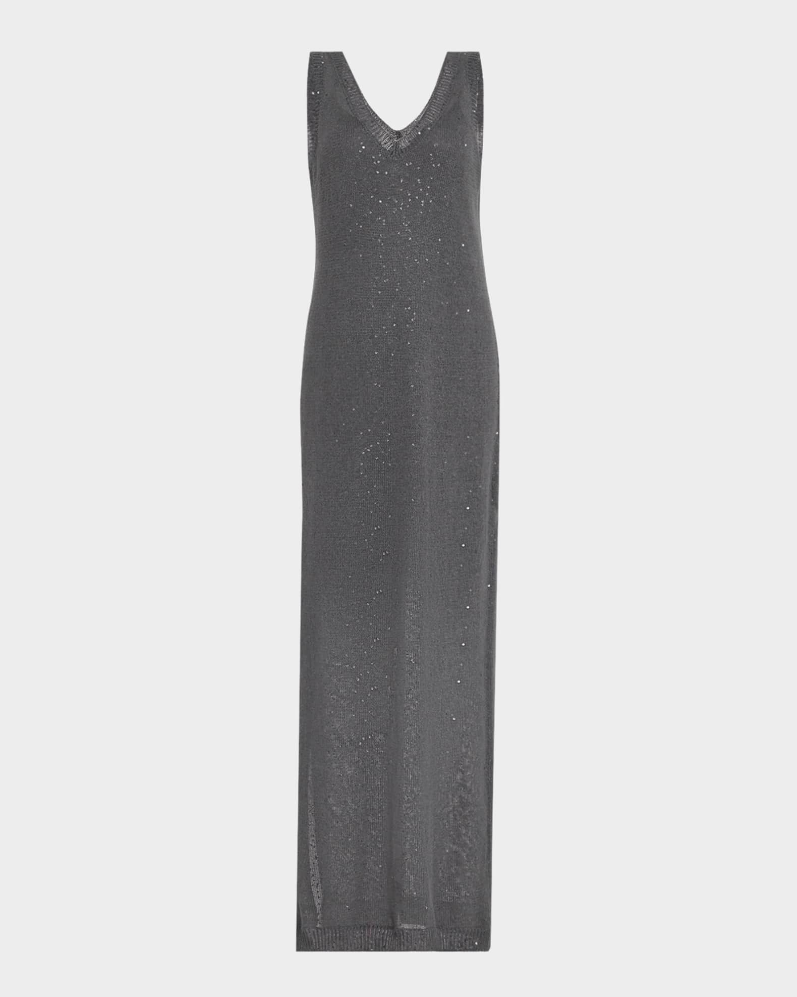 V-Neck Linen-Silk Paillette Knit Maxi Dress 0