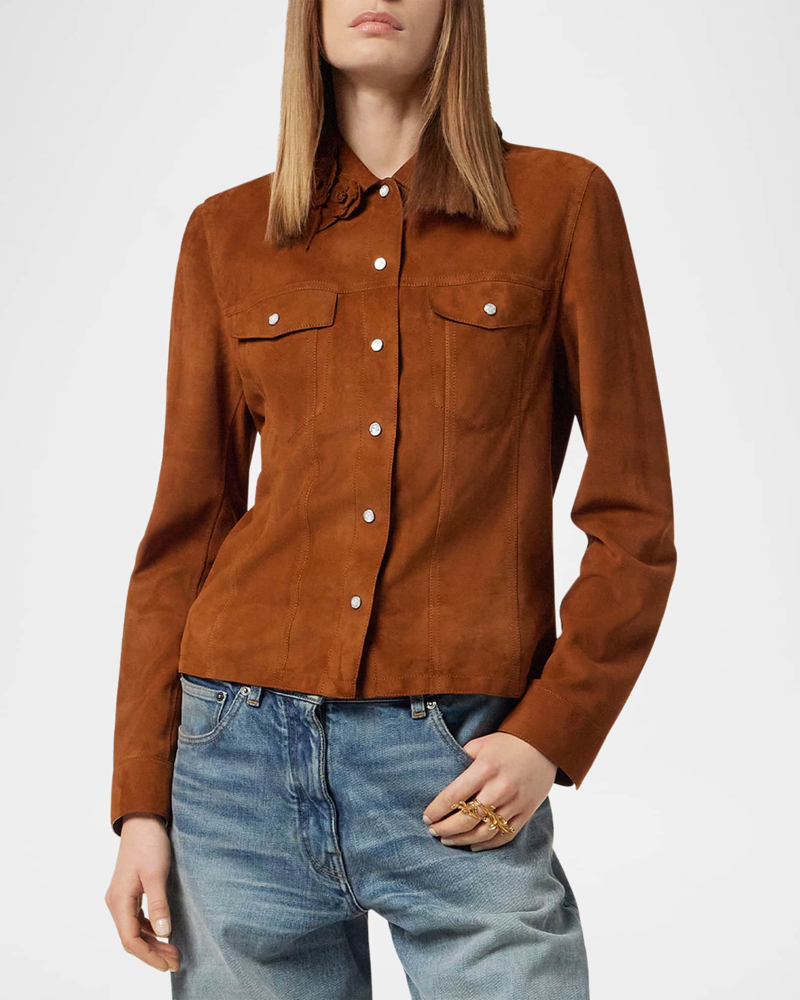 Goatskin Suede Floral Applique Jacket 1
