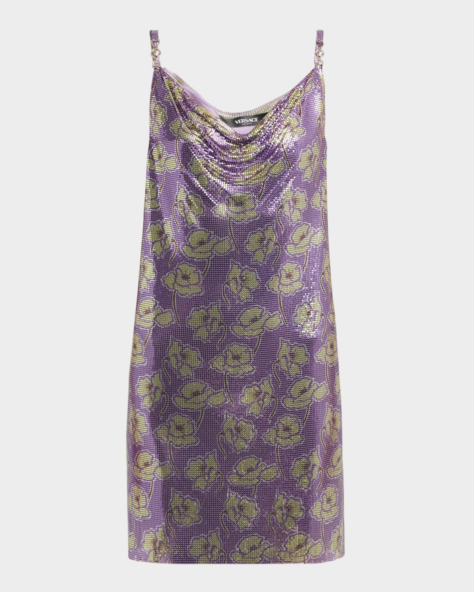 Cowl-Neck Poppies-Print Chainmail Mini Dress 0