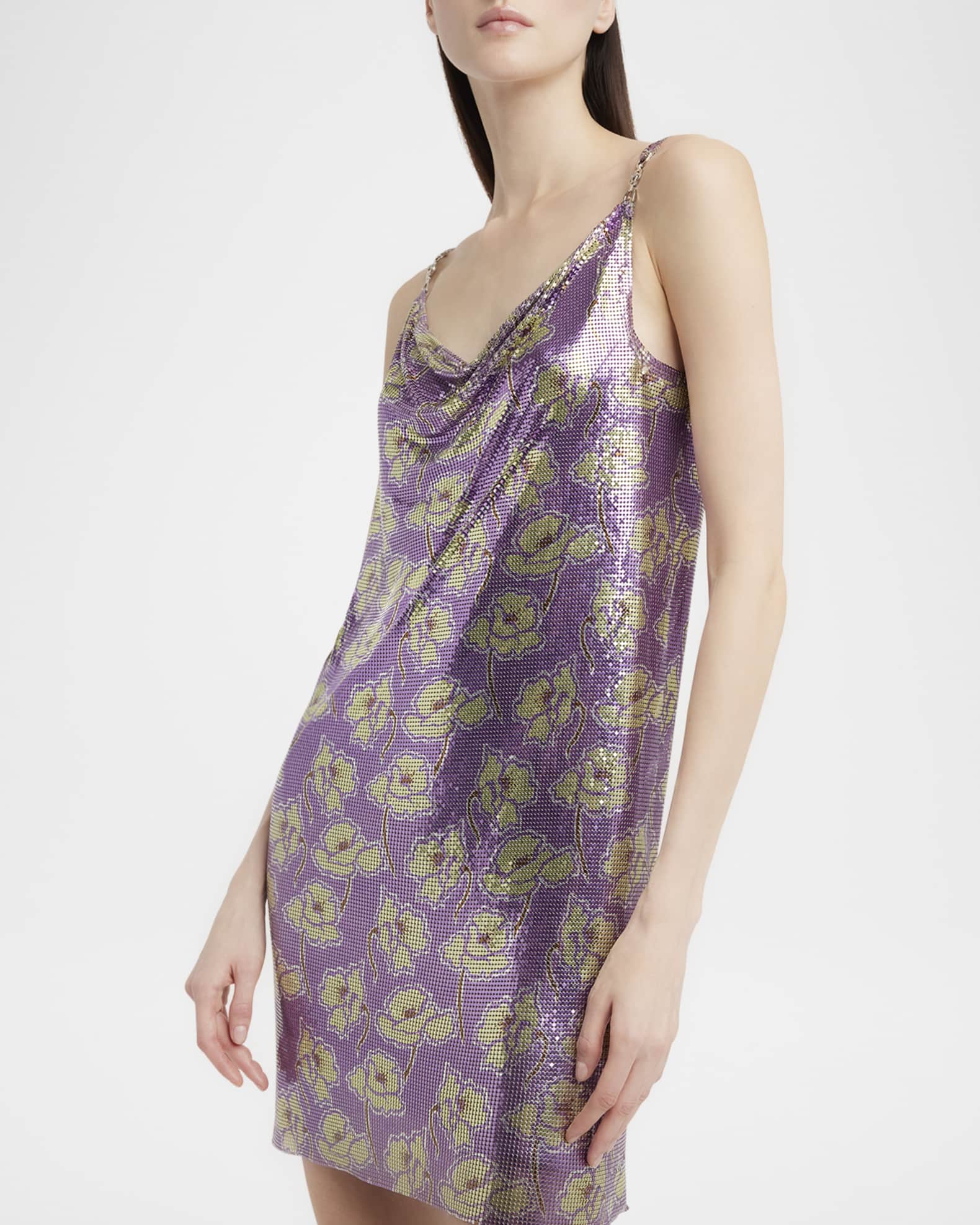 Versace Cowl-Neck Poppies-Print Chainmail Mini Dress