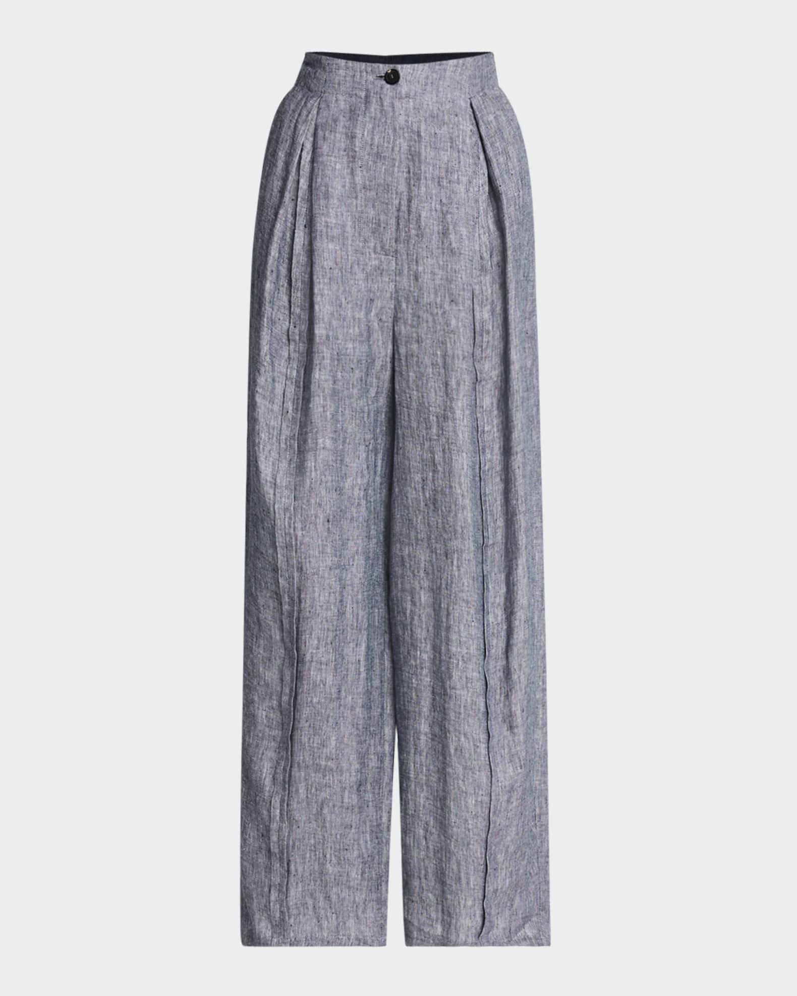 Emporio Armani Pleated Wide-Leg Linen Chambray Trousers