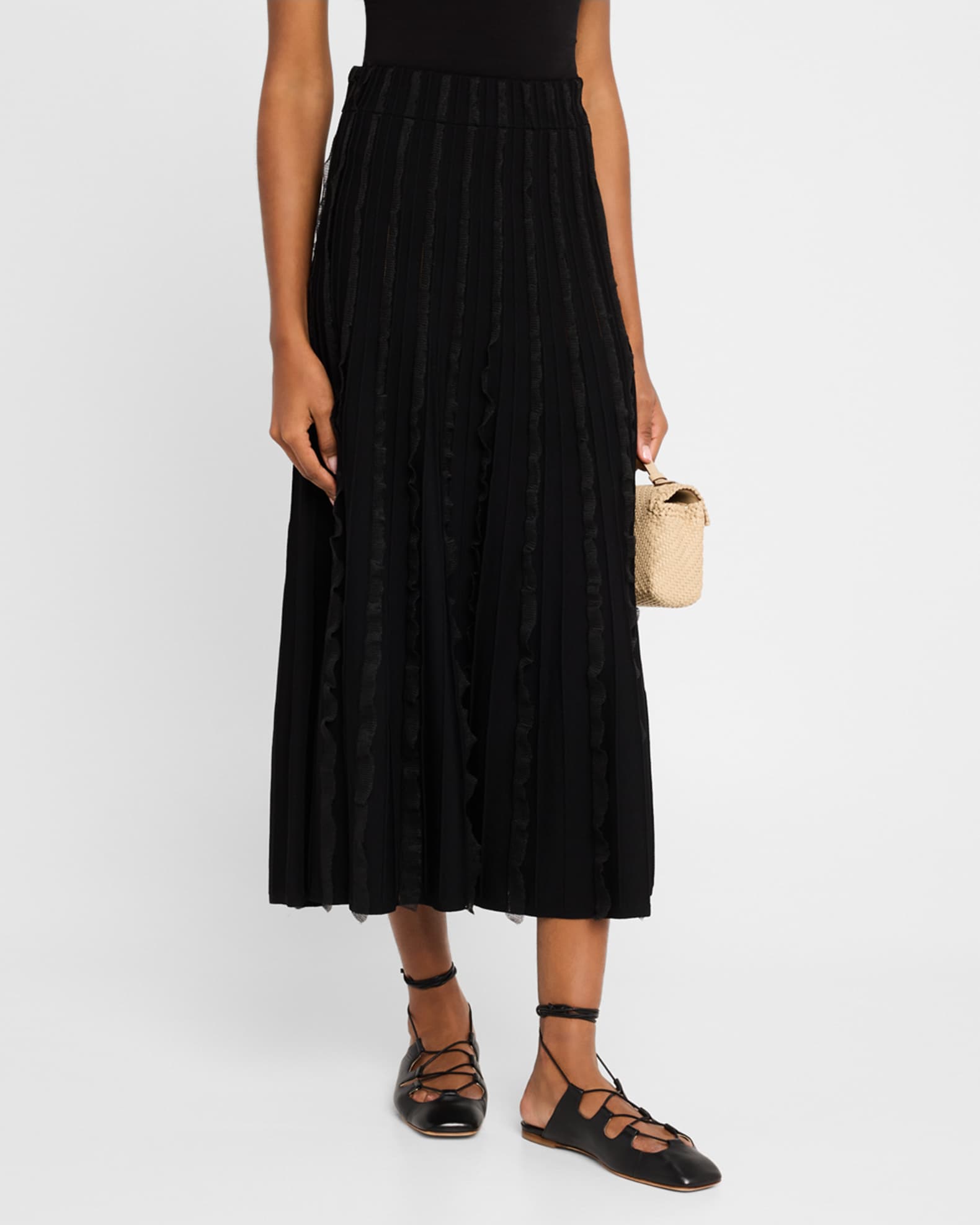 Emporio Armani Ribbed Ruffle-Trim Maxi Skirt | Neiman Marcus