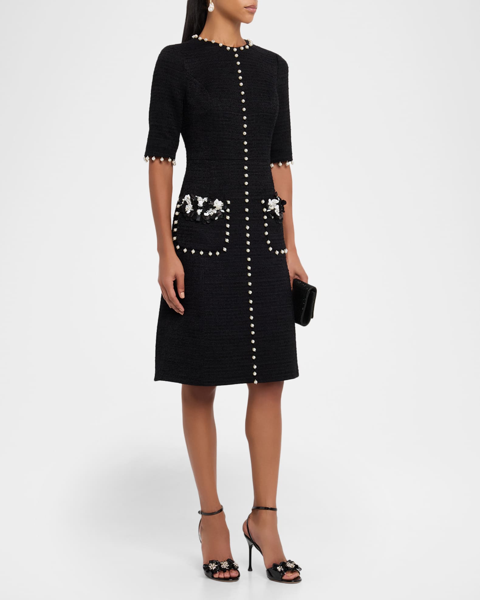 Rickie Freeman For Teri Jon Bead-Embellished Boucle Dress - Black Whit