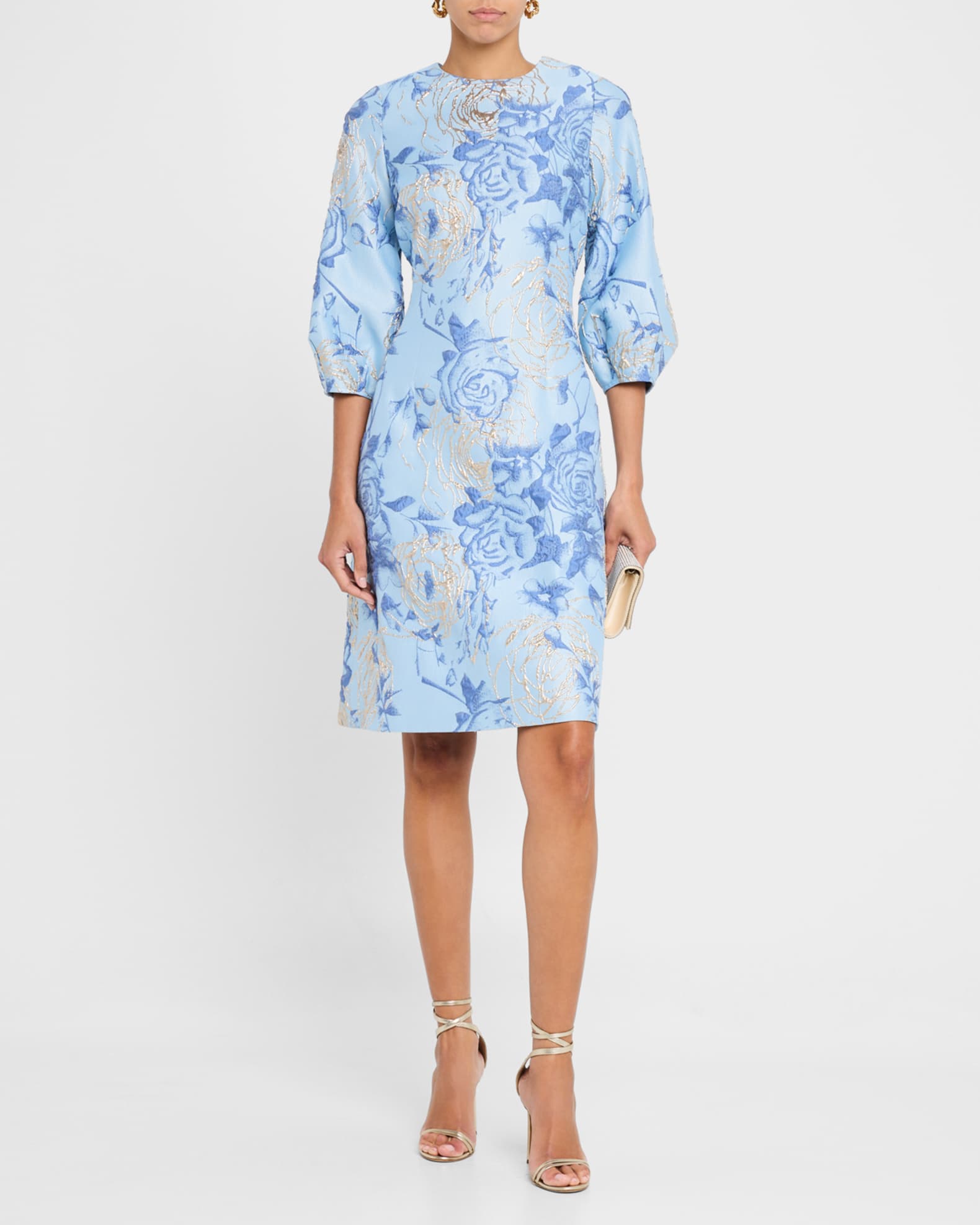 Puff-Sleeve Metallic Floral Jacquard Dress
