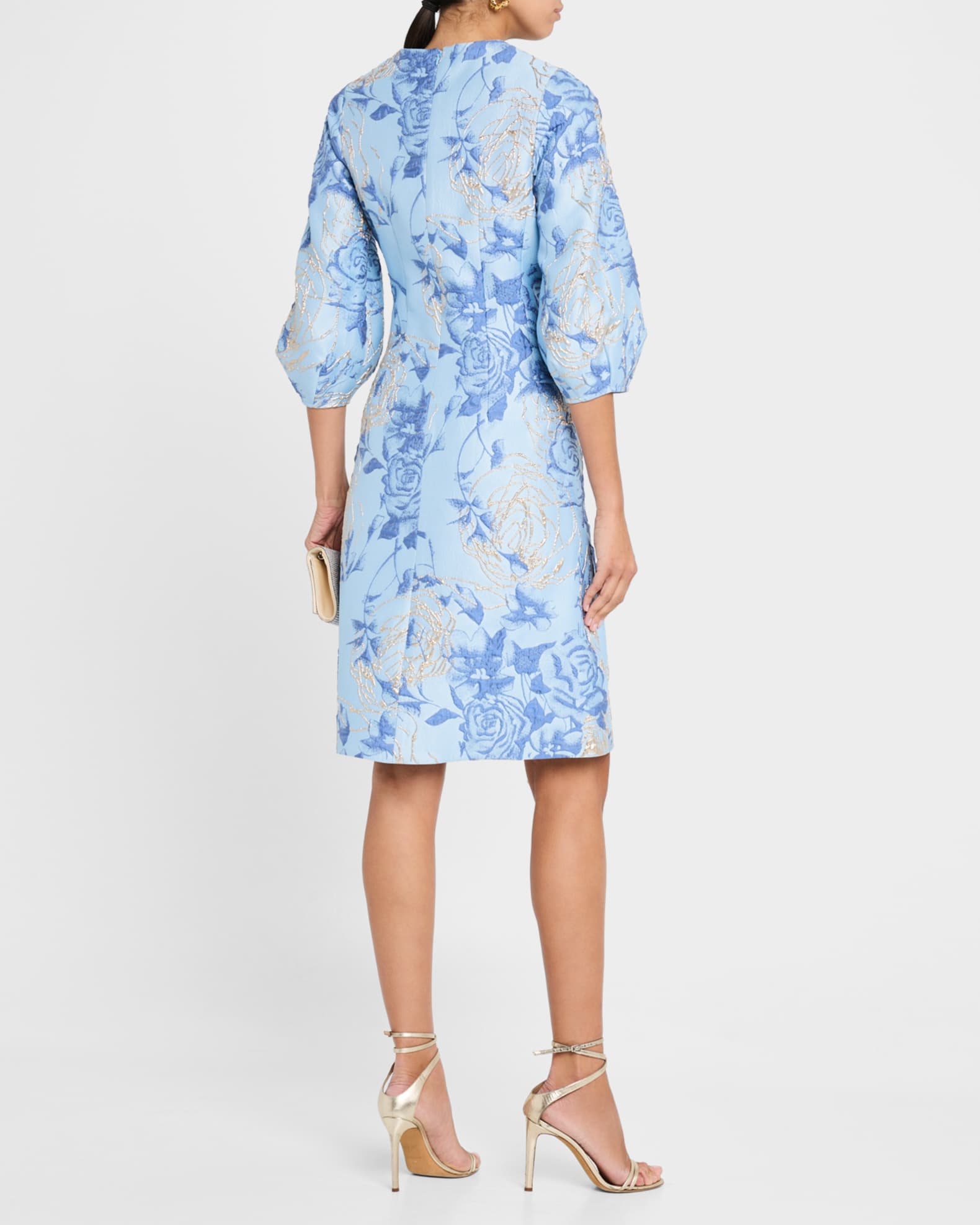 Puff-Sleeve Metallic Floral Jacquard Dress