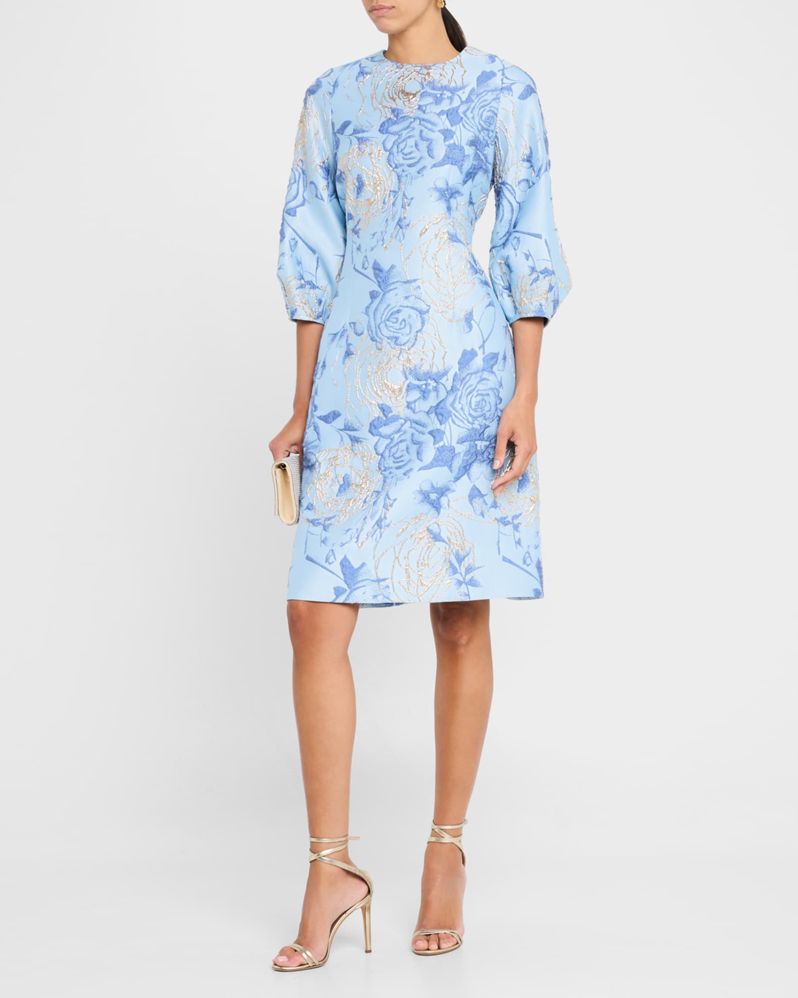 Puff-Sleeve Metallic Floral Jacquard Dress