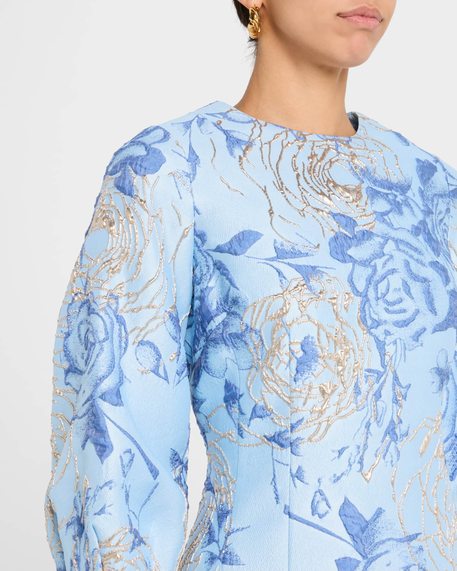 Puff-Sleeve Metallic Floral Jacquard Dress