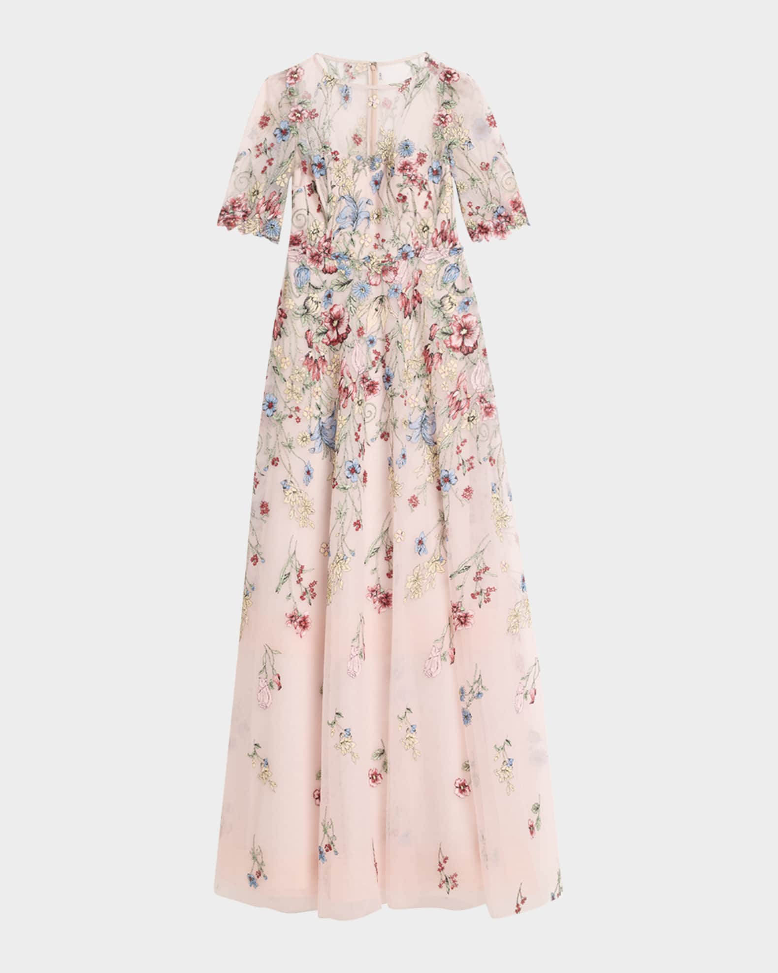 Floral-Embroidered Illusion Tulle Gown 0