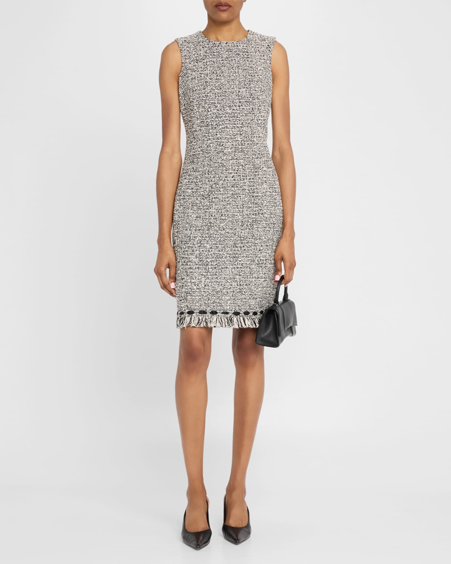 Ribbon-Trim Fringed Tweed Dress 1
