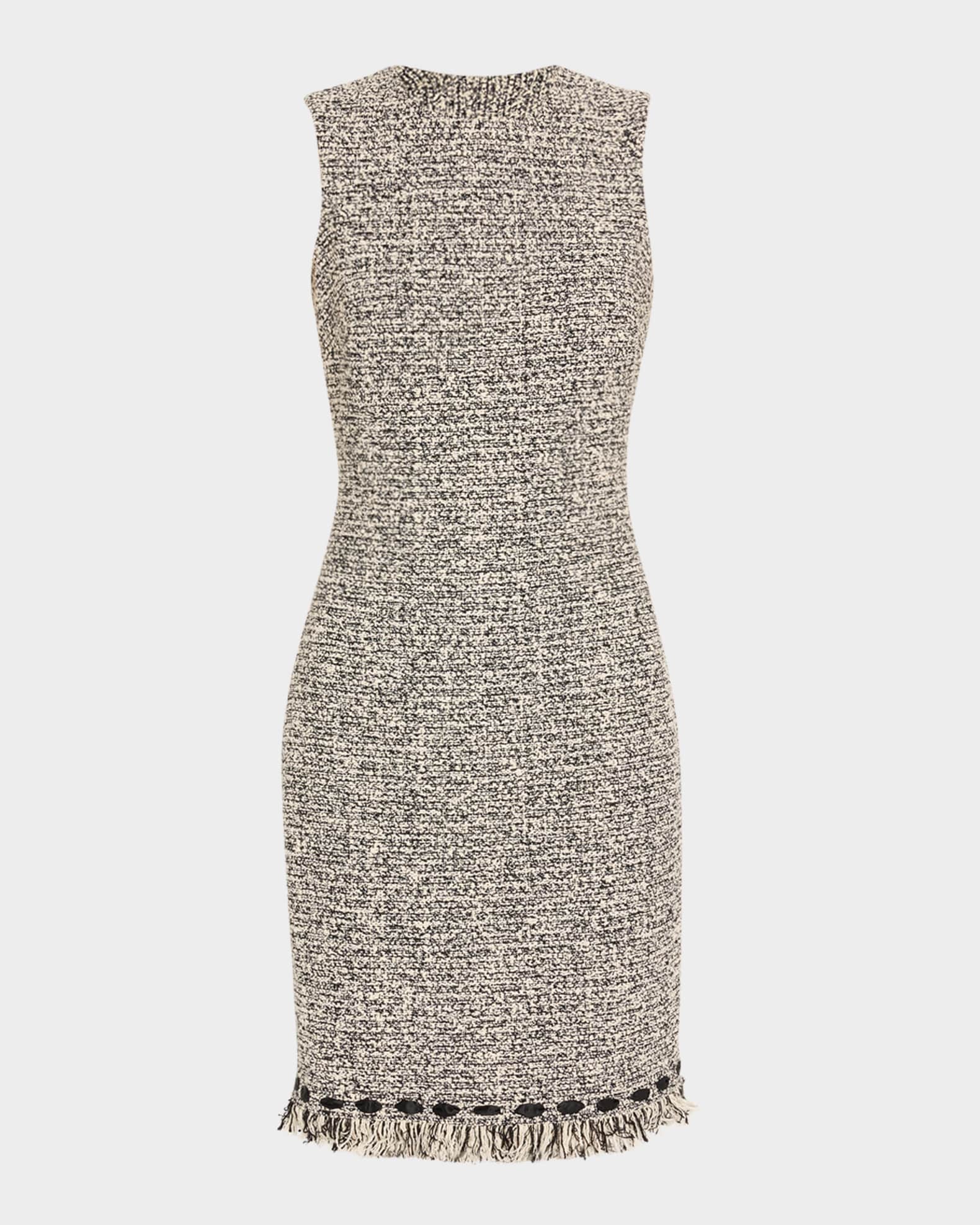 Ribbon-Trim Fringed Tweed Dress 0
