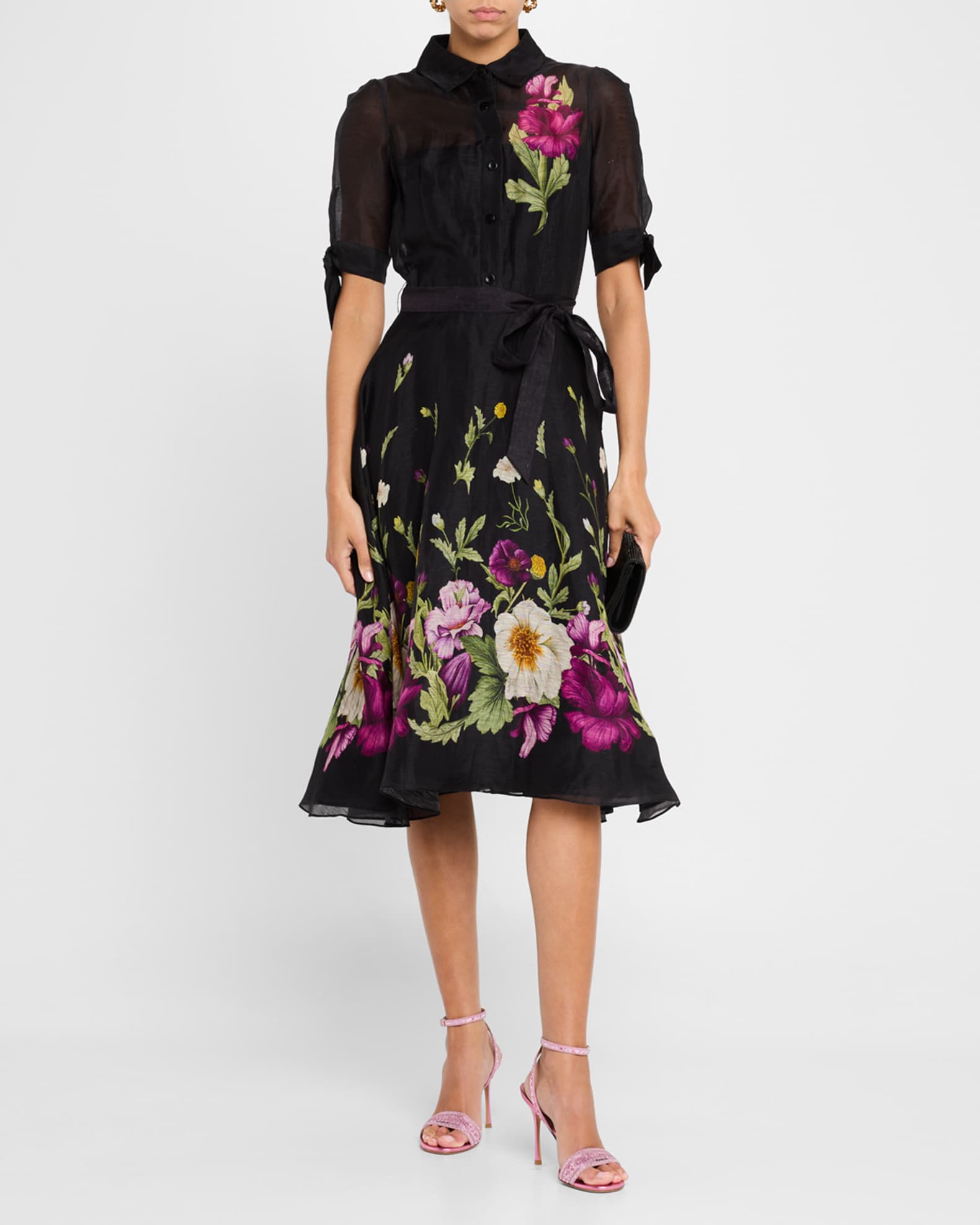 Floral-Print Silken Linen Midi Shirtdress 1