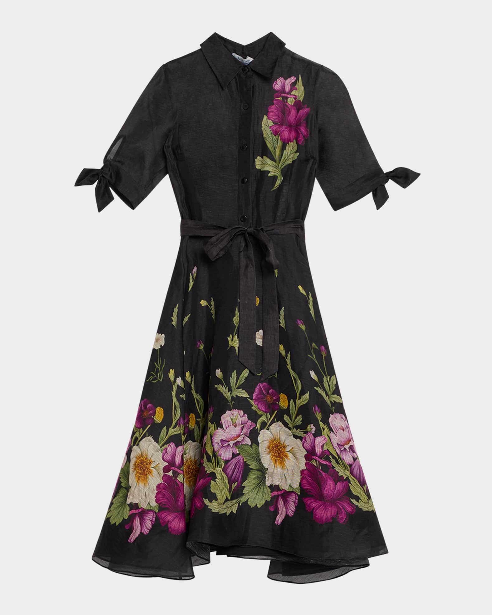 Floral-Print Silken Linen Midi Shirtdress 0