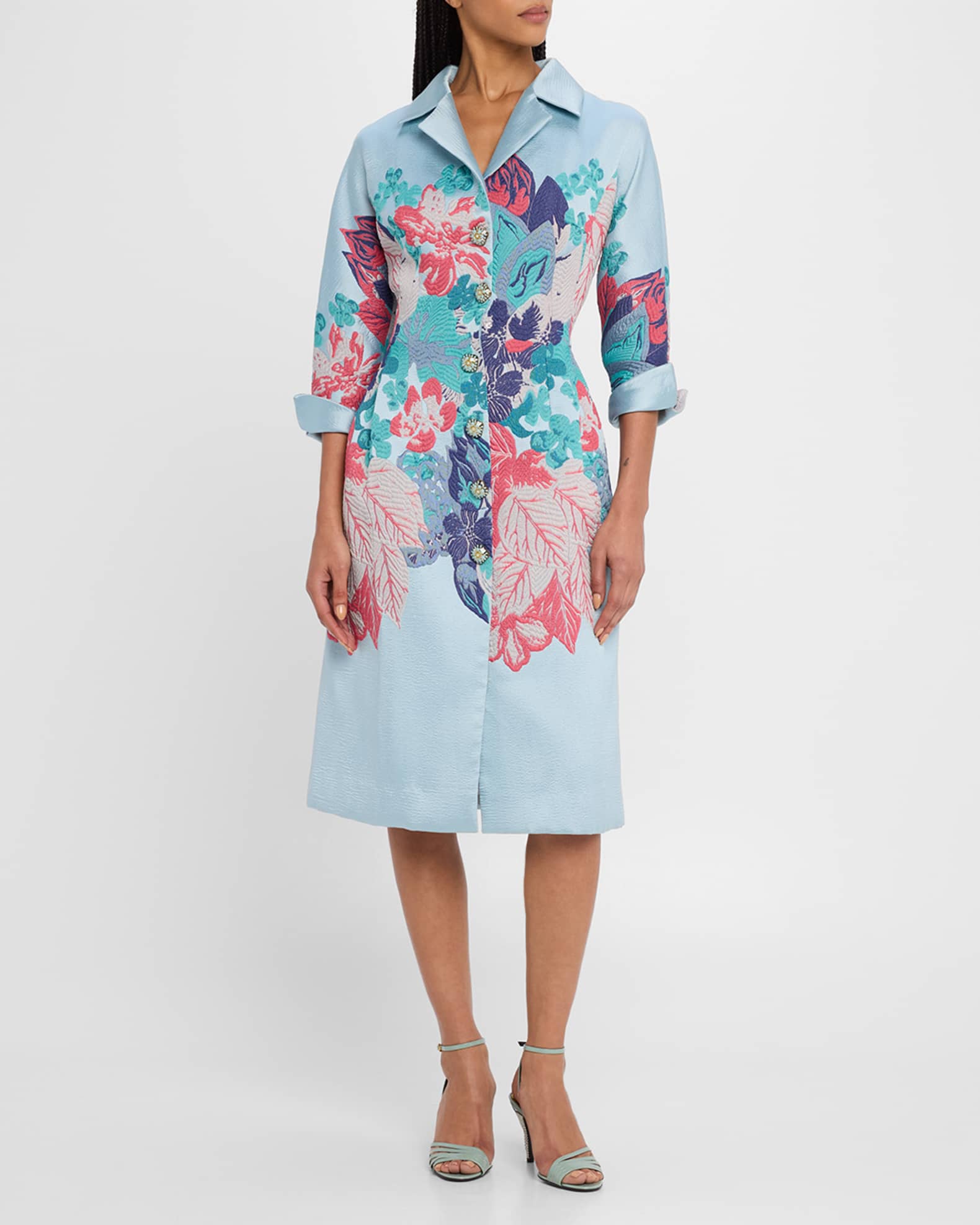 A-Line Floral Jacquard Coat Dress - Thumbnail 2