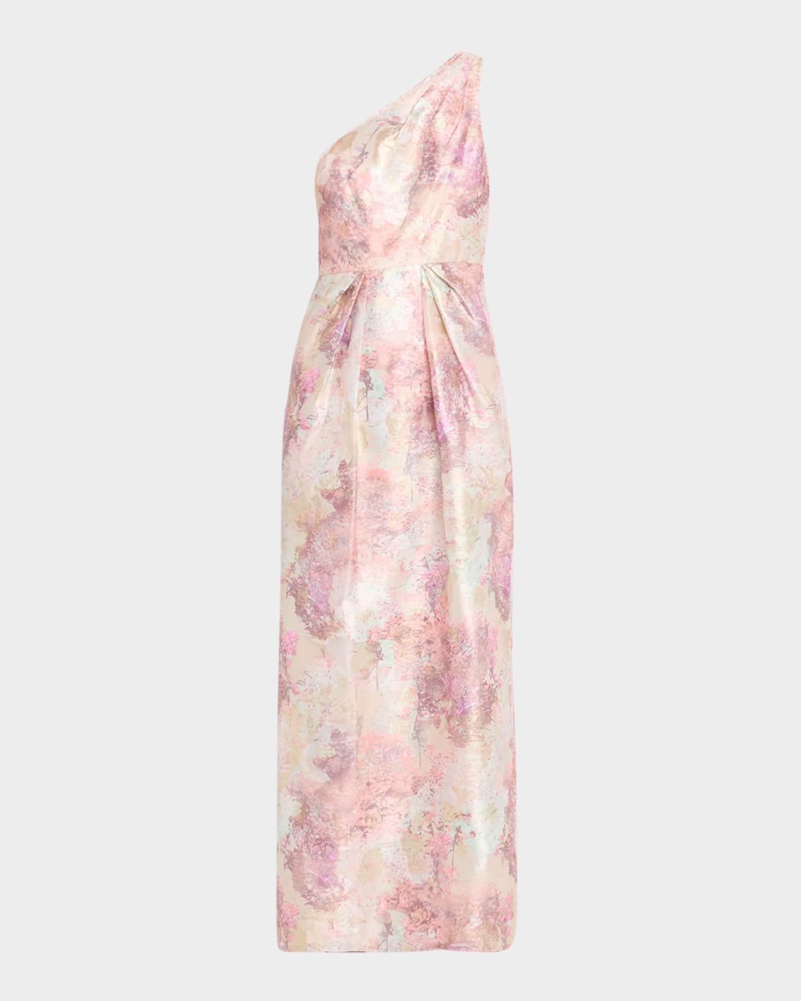 Aidan Mattox Pleated One-Shoulder Metallic Jacquard Gown | Neiman
