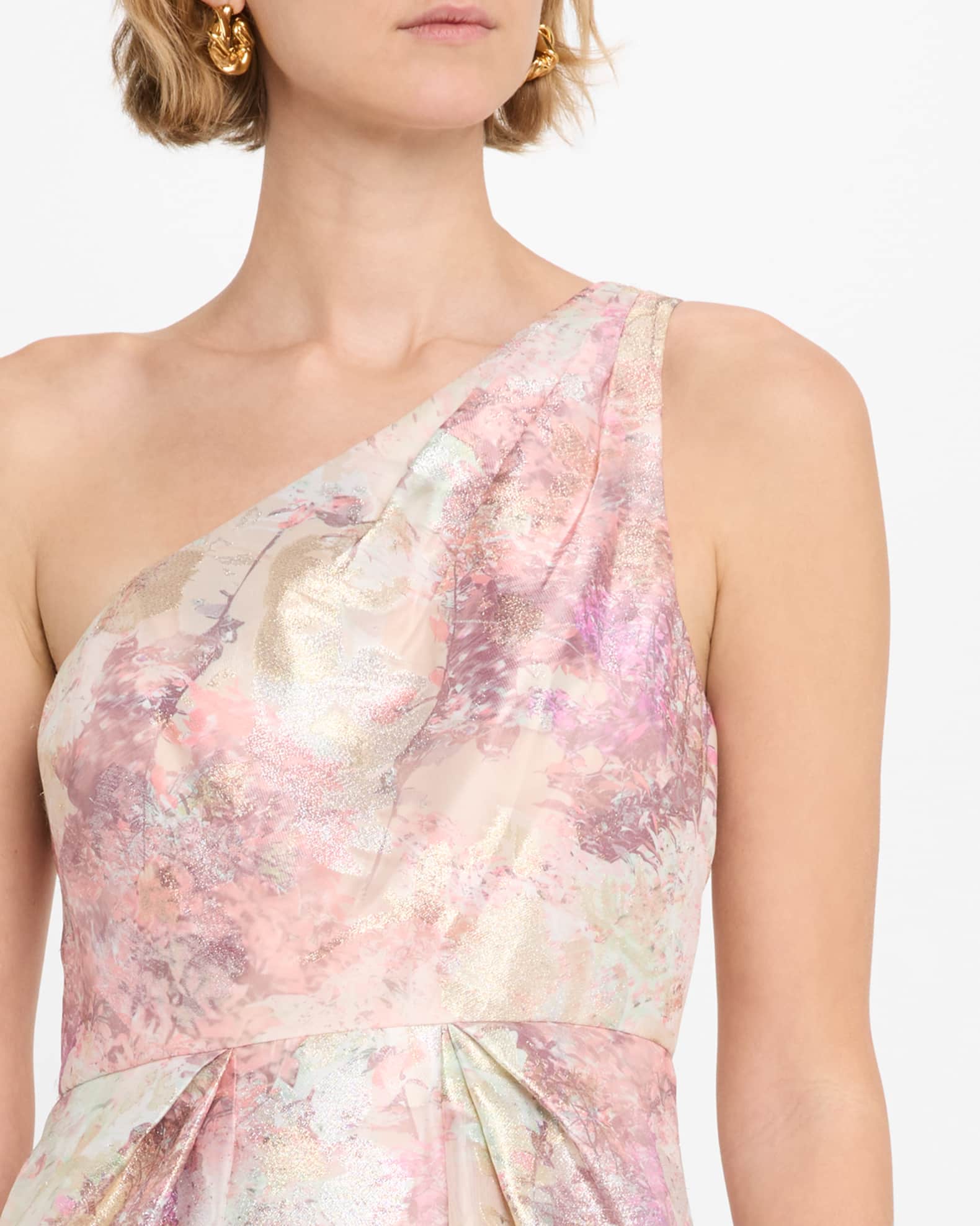 Aidan Mattox Pleated One-Shoulder Metallic Jacquard Gown Aidan Mattox Pleated One-Shoulder Metallic Jacquard Gown