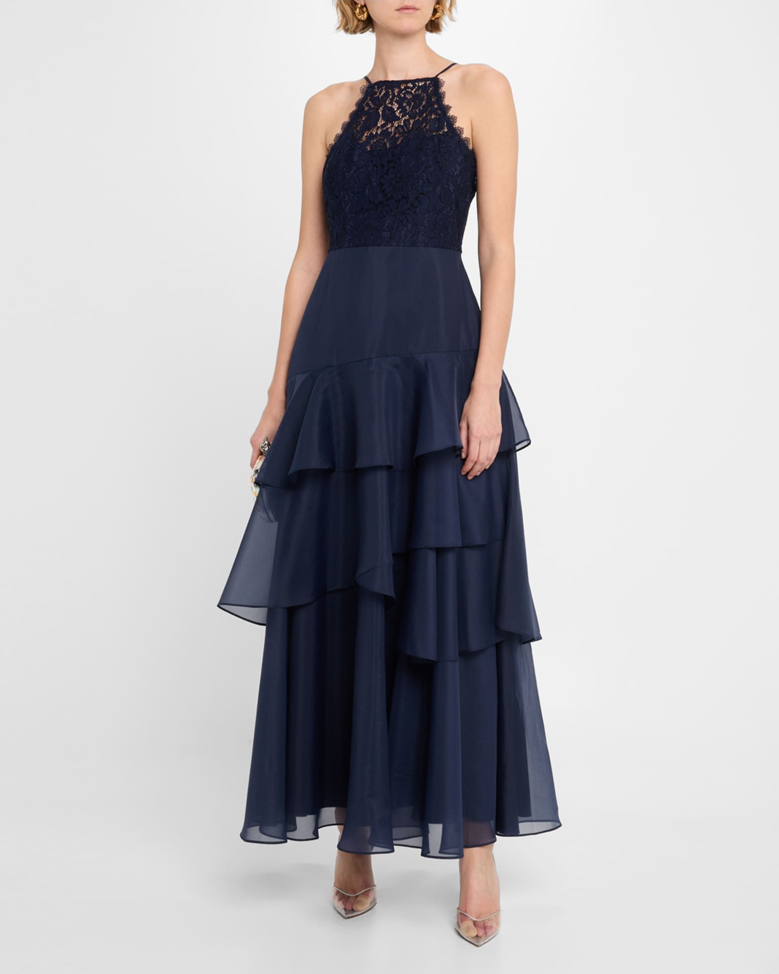 Lace & Tiered Organza Halter Gown 1