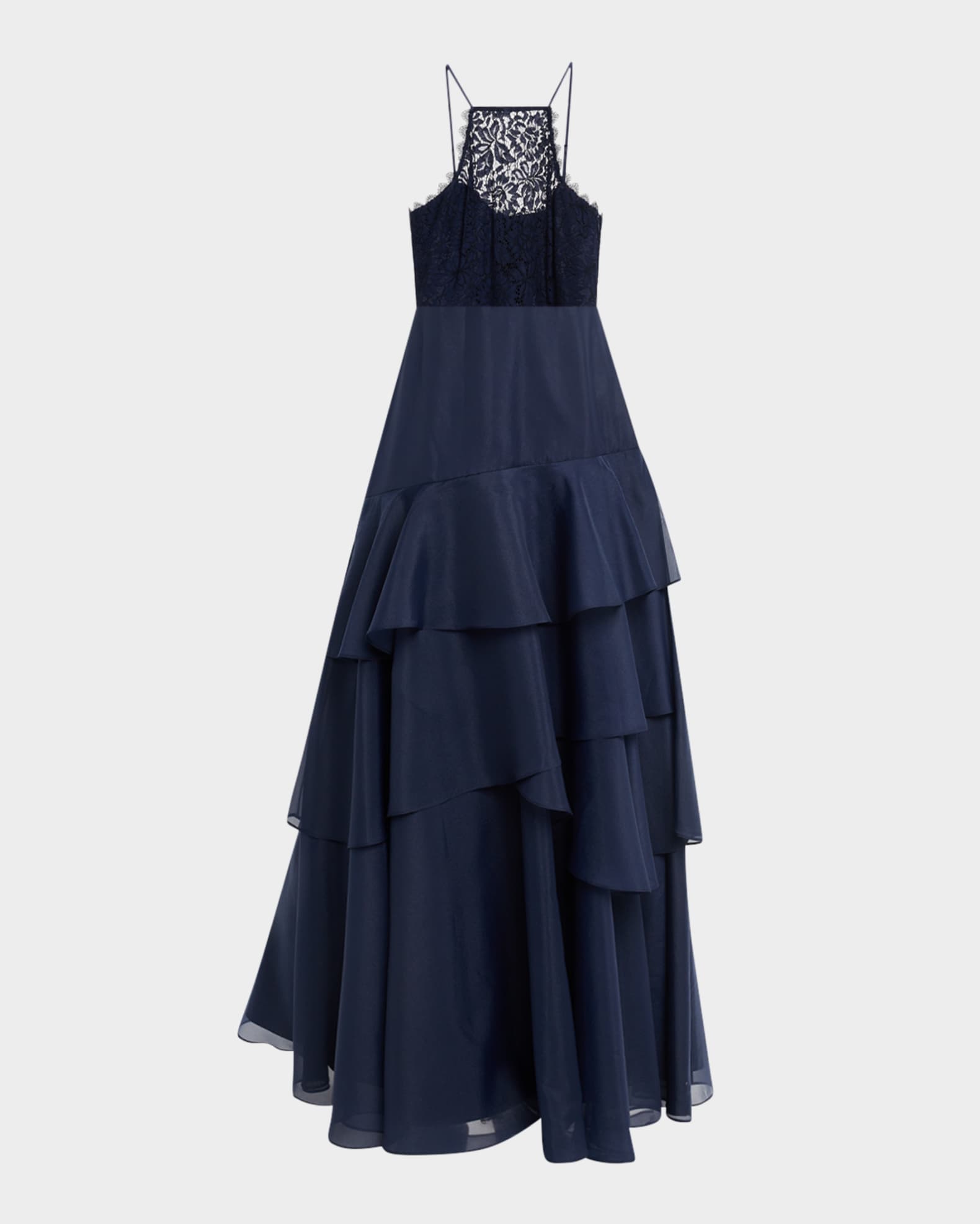 Lace & Tiered Organza Halter Gown 0