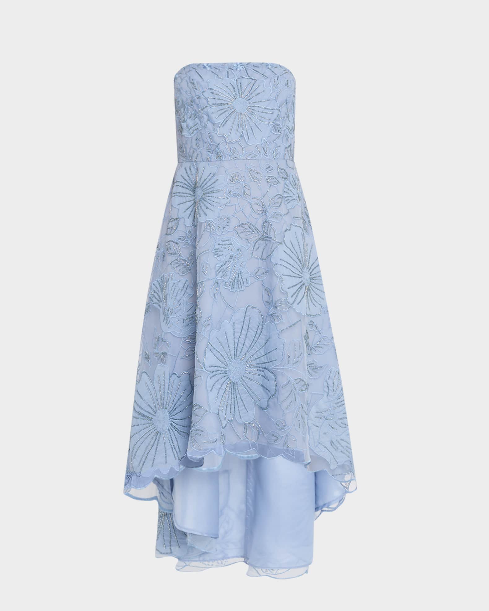 Strapless Embroidered High-Low Midi Dress 0