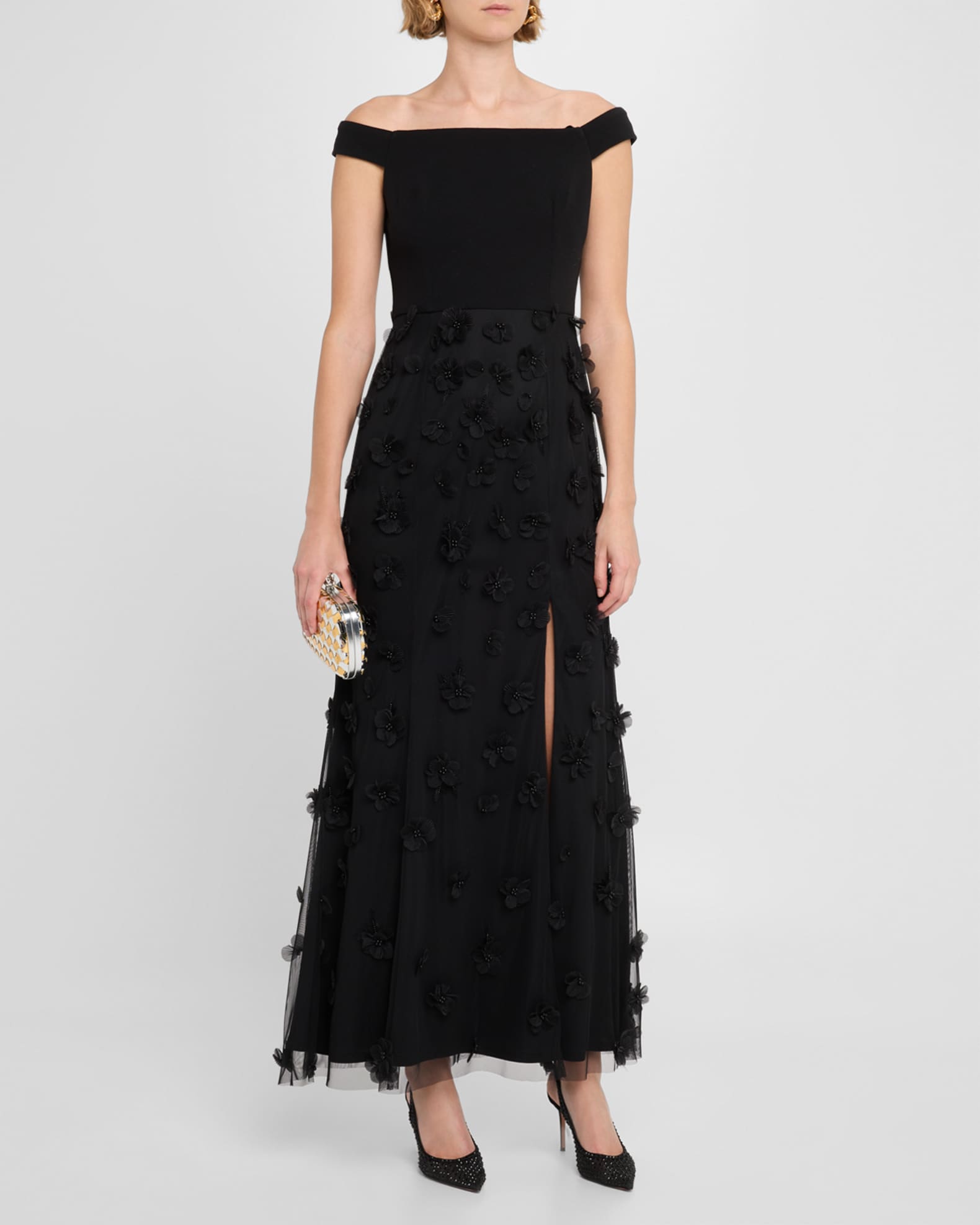 Beaded Floral Applique Off-Shoulder Gown 1
