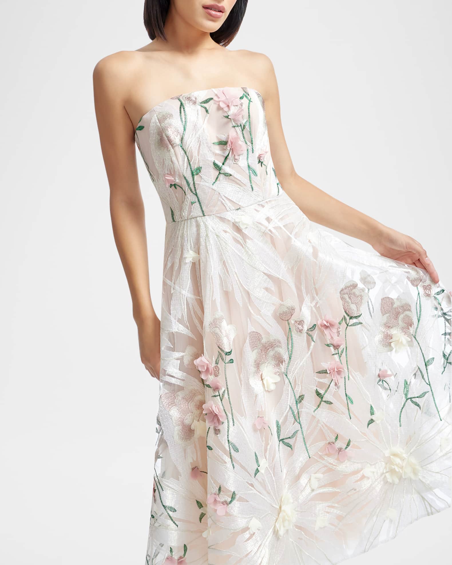 green emerald velvet dress Beige Floral Cotton Strapless Midi Dress - All Dresses main image 1