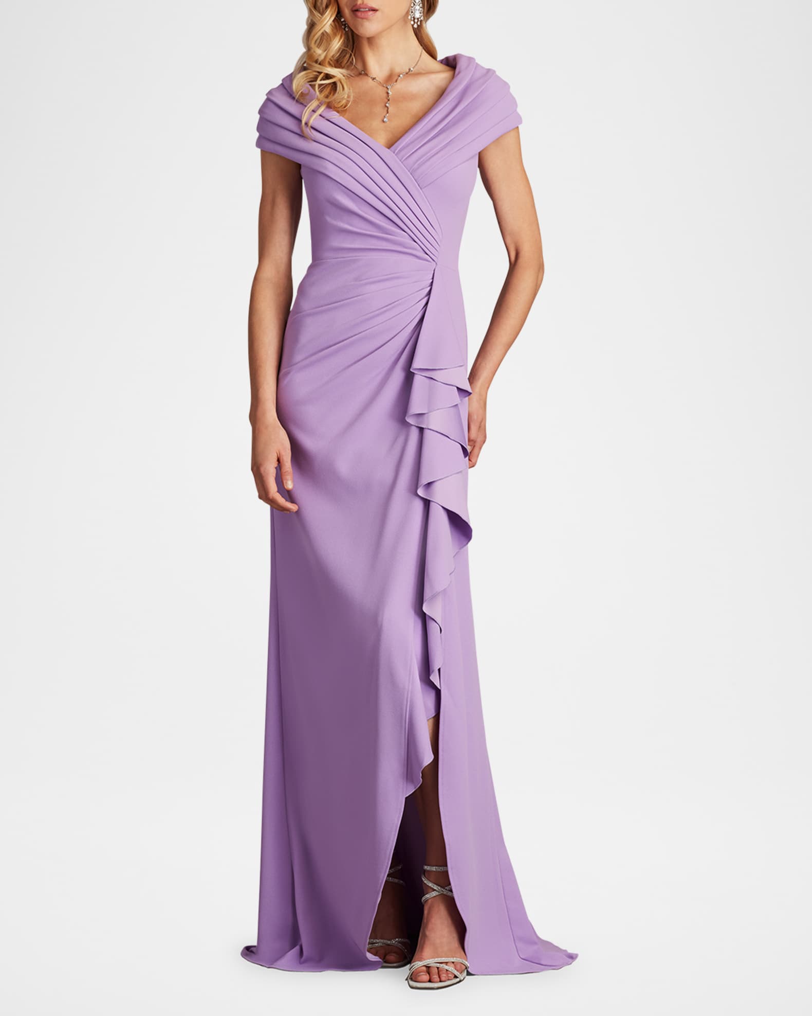 Tadashi Shoji A-Line Pleated Ruffle Crepe Gown | Neiman Marcus