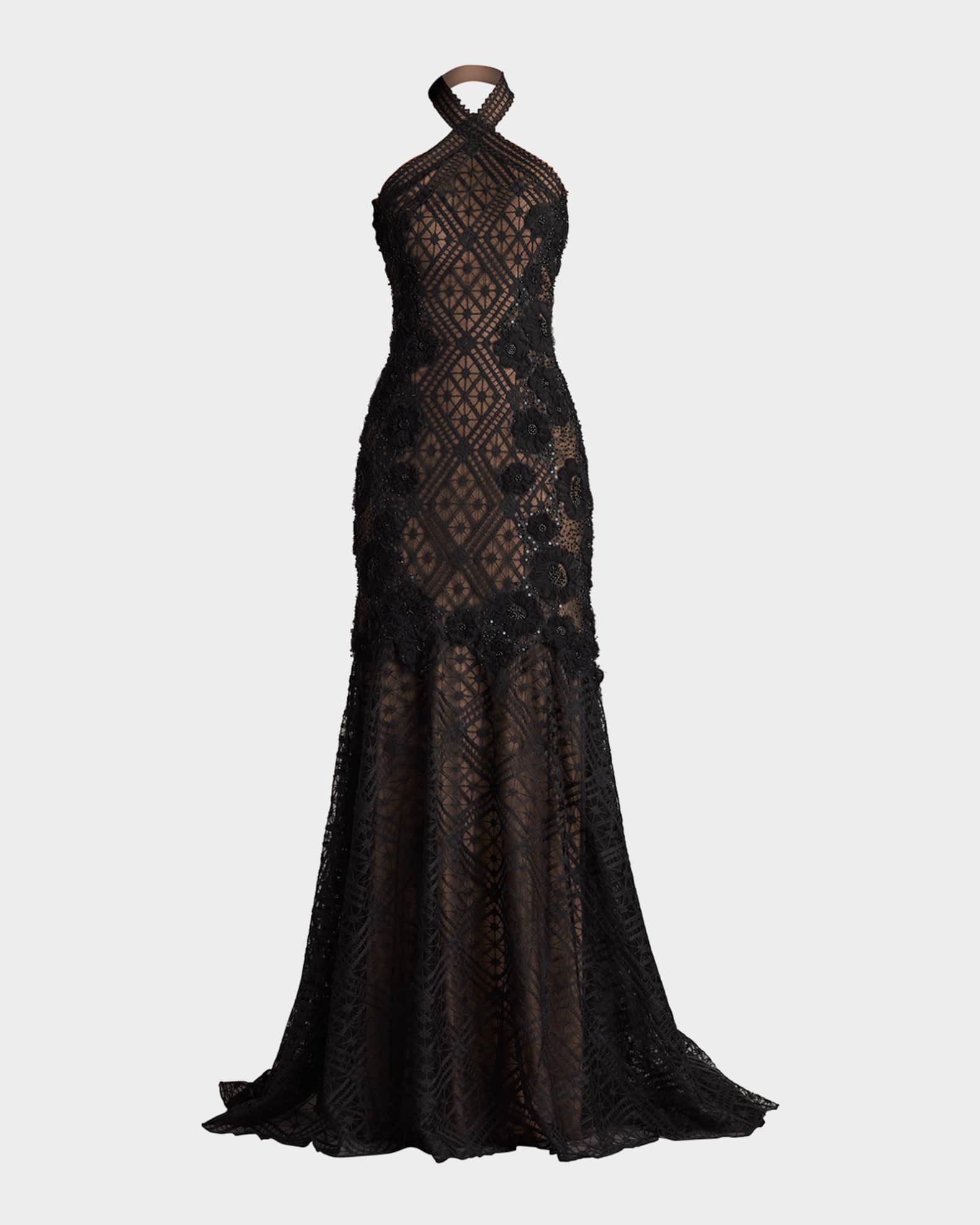 Beaded Floral Applique Lace Halter Gown 0