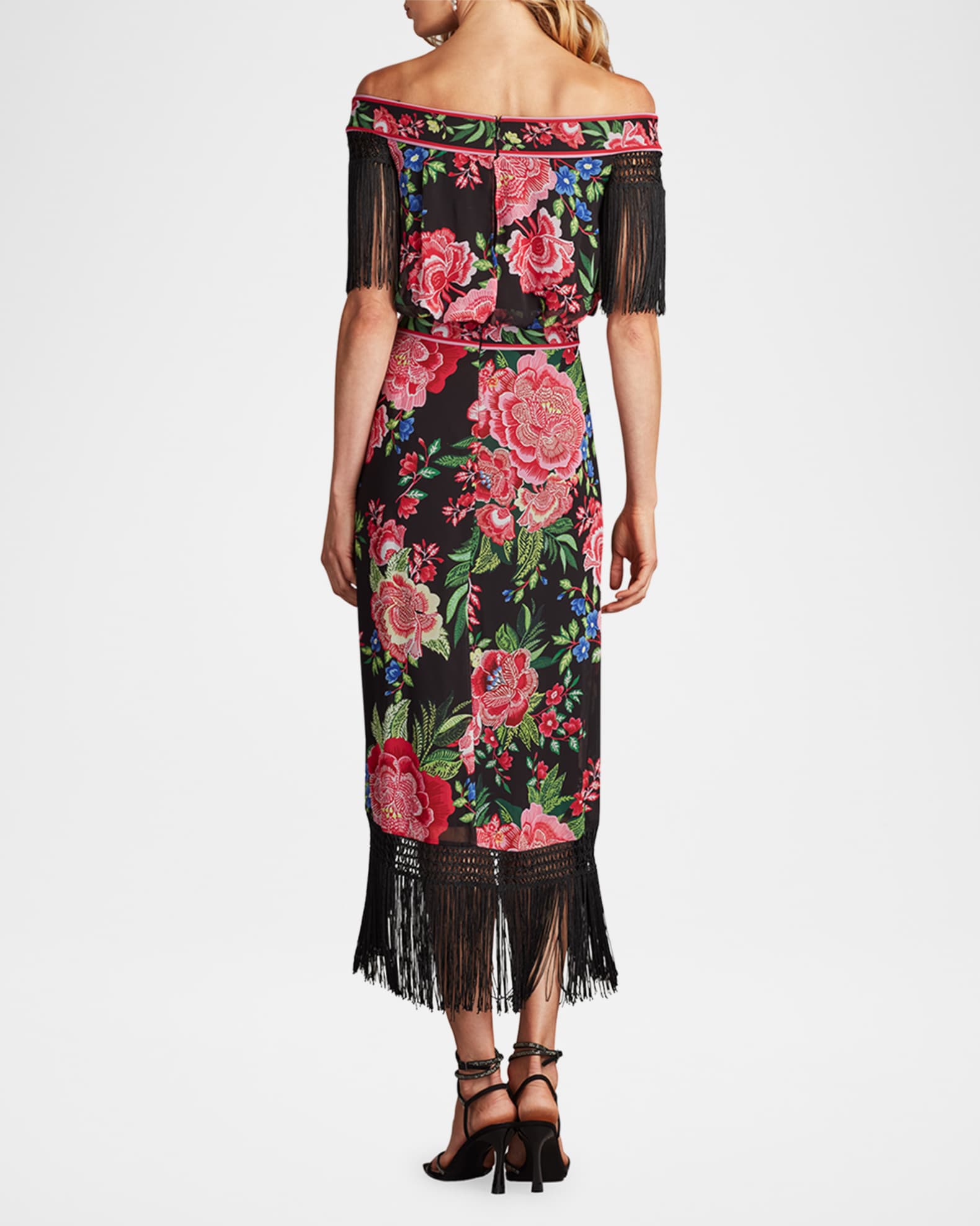 Tadashi Shoji Gathered Floral-Print Fringe Midi Dress