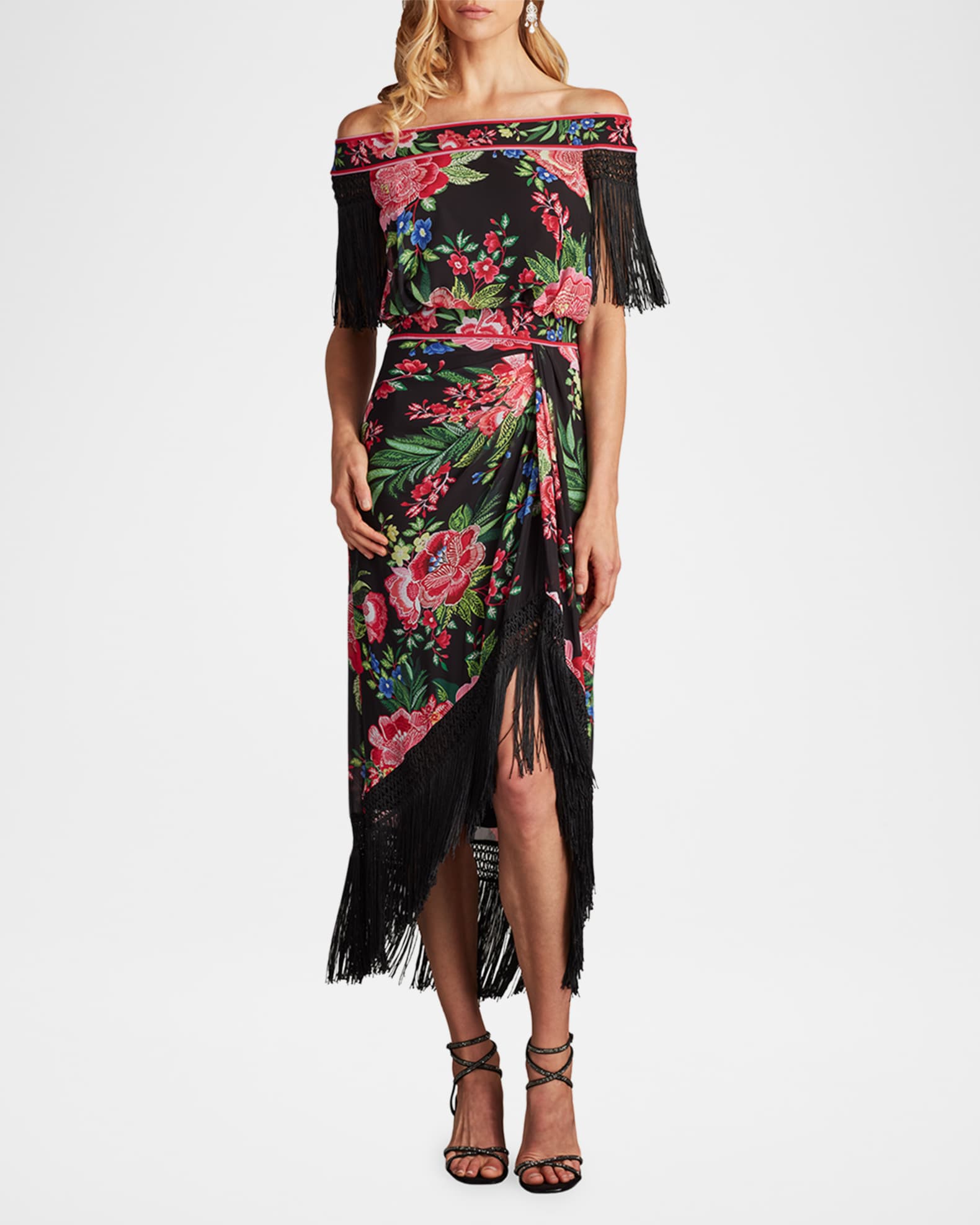 Tadashi Shoji Gathered Floral-Print Fringe Midi Dress