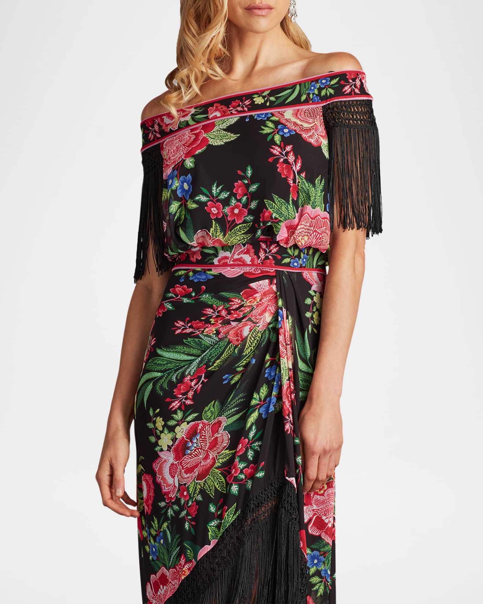 Tadashi Shoji Gathered Floral-Print Fringe Midi Dress