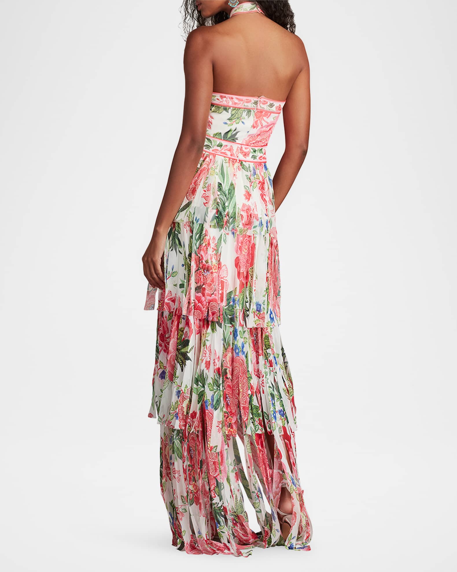 Tadashi Shoji Tiered Floral-Print Car Wash Halter Gown