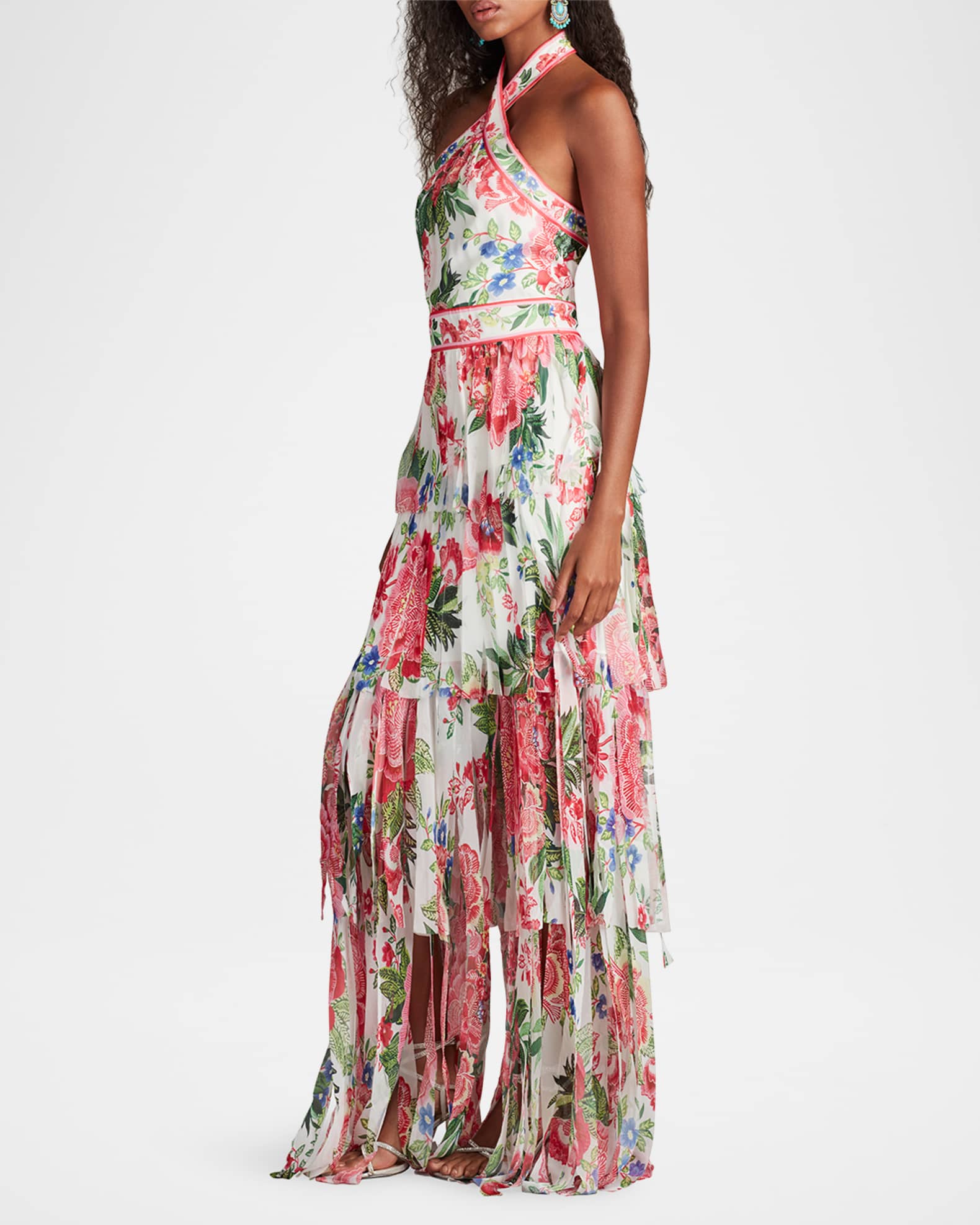 Tadashi Shoji Tiered Floral-Print Car Wash Halter Gown