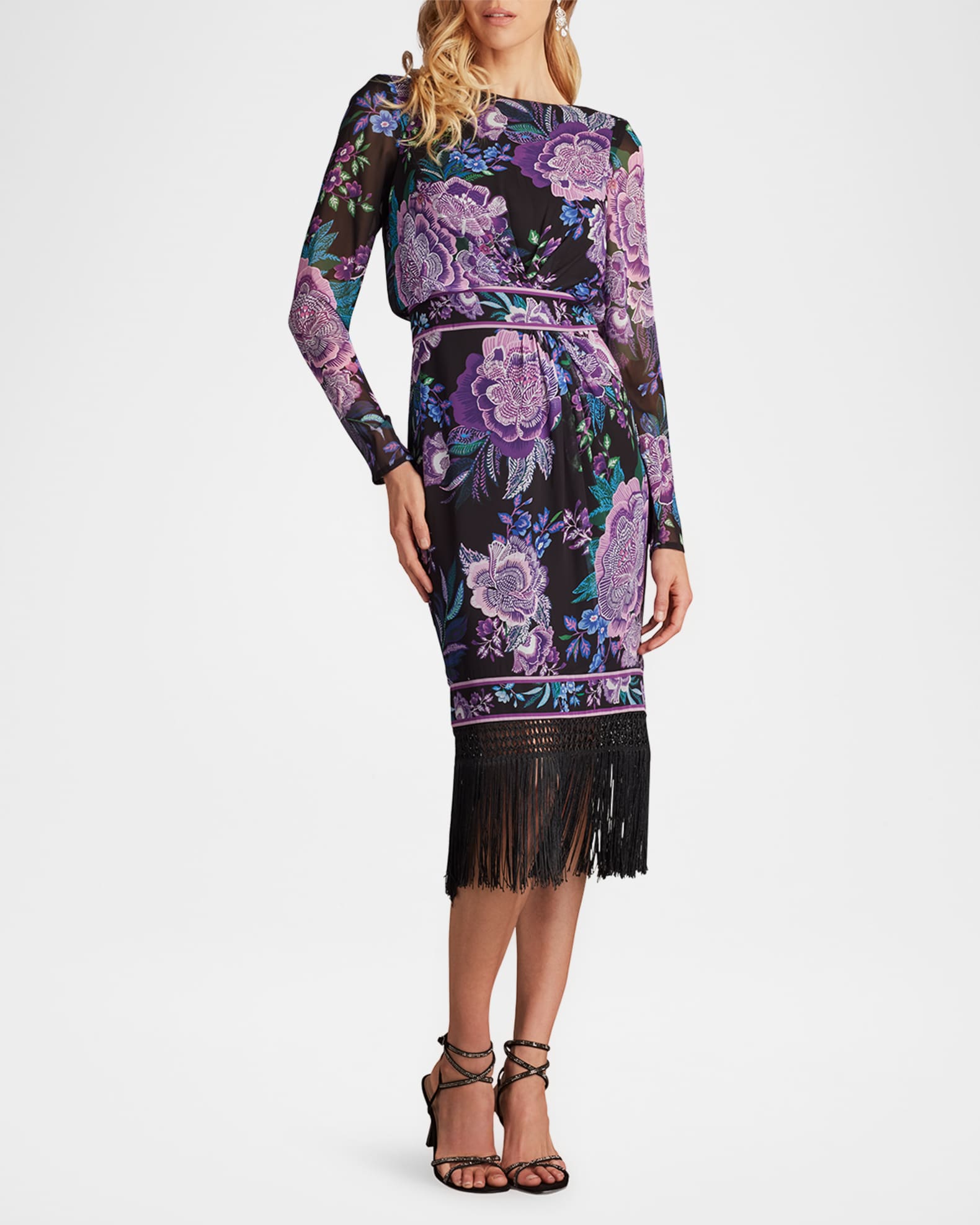 Tadashi Shoji Floral-Print Fringe Midi Dress | Neiman Marcus