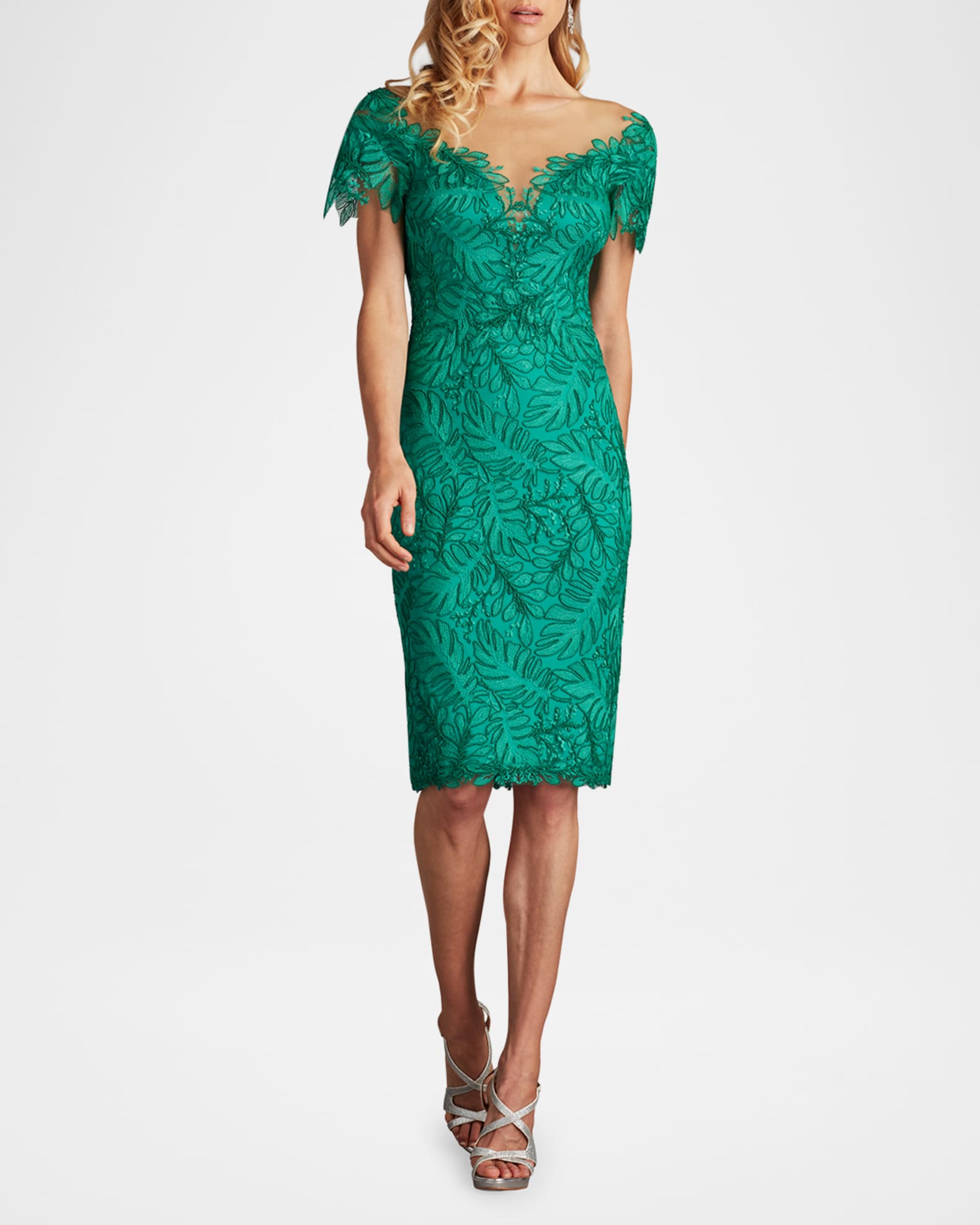 Leaf-Embroidered Bodycon Illusion Dress 1