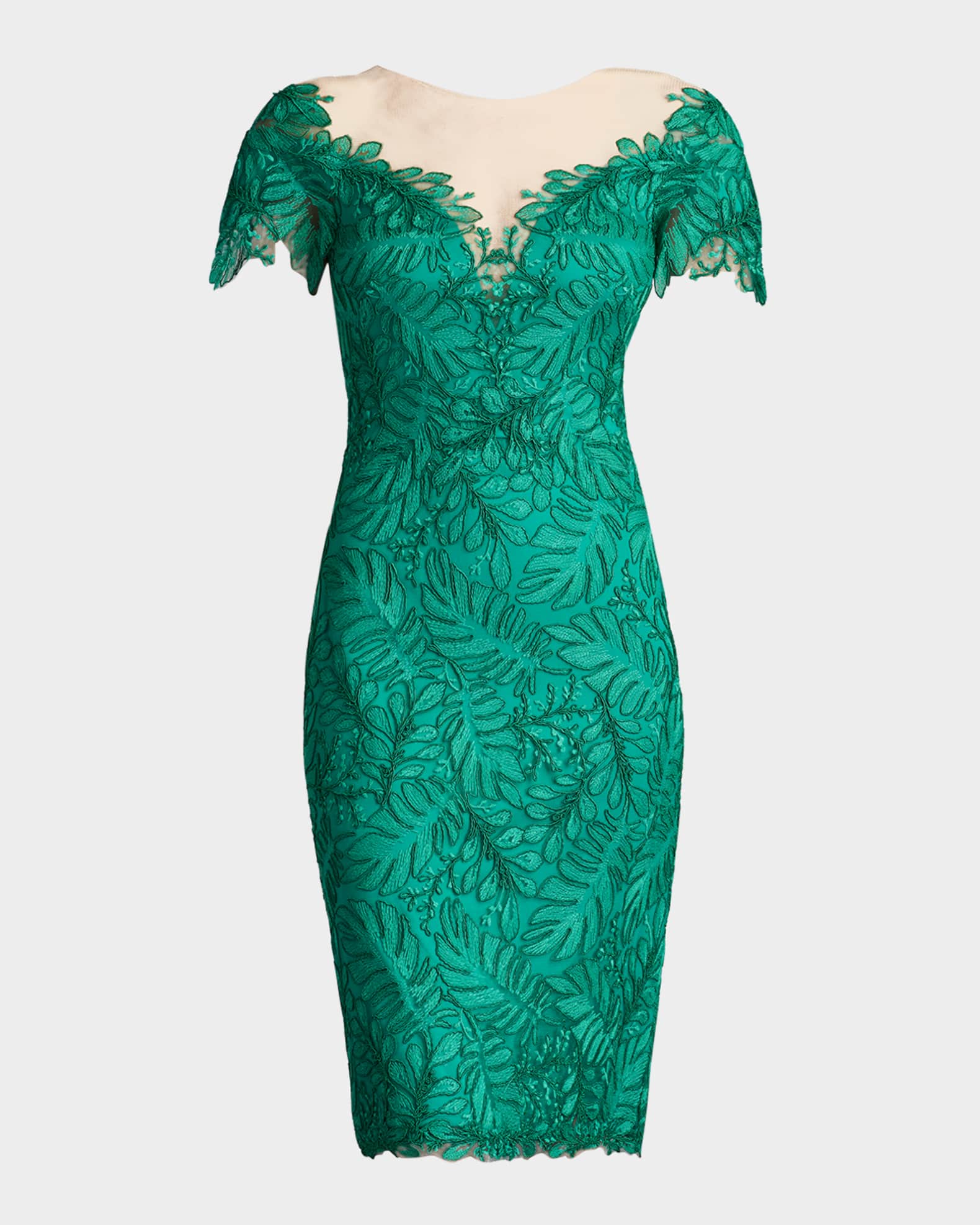 Leaf-Embroidered Bodycon Illusion Dress 0