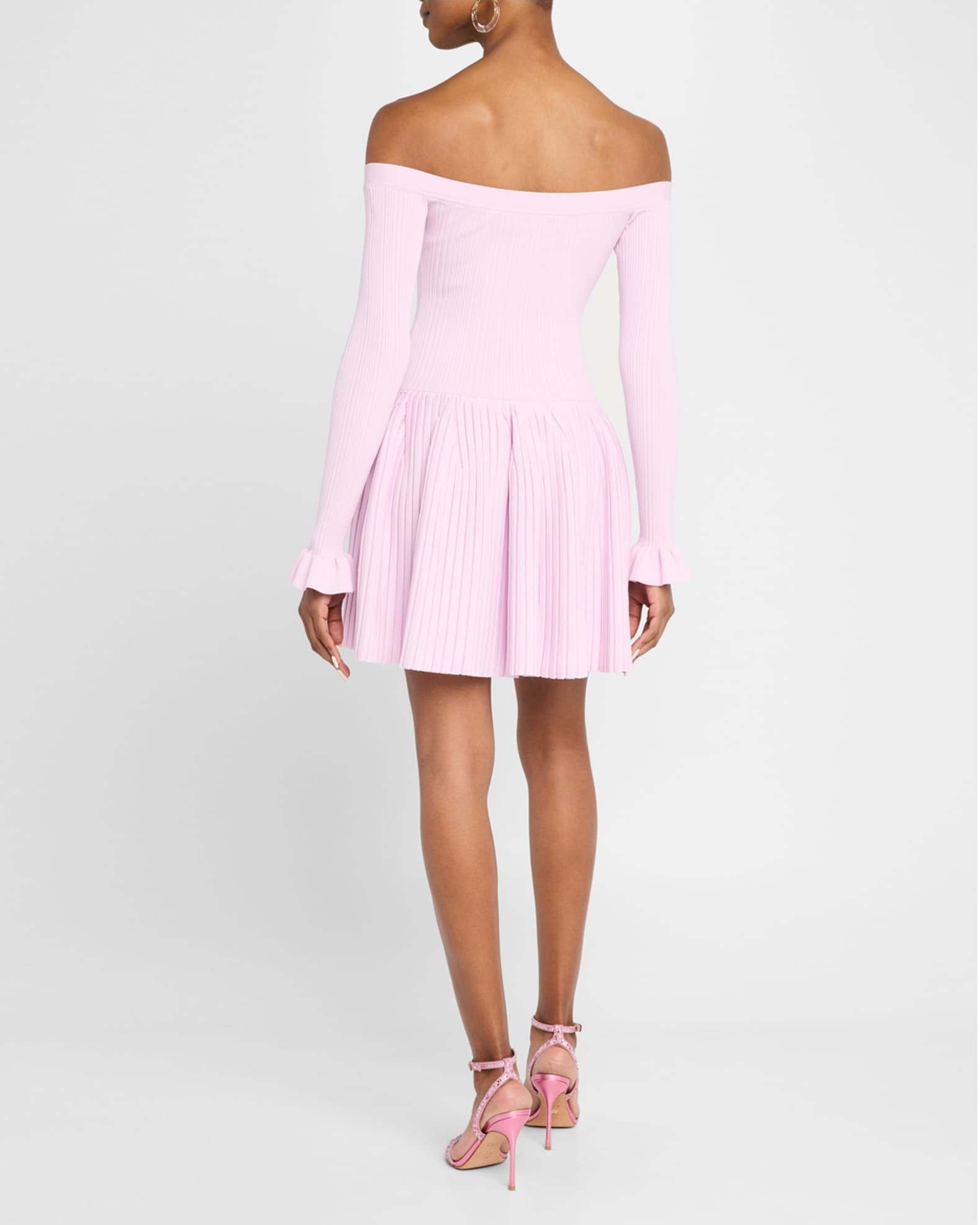 ワンピース SELF PORTRAIT PINK RIBBED KNIT OFF SHOULDER MINI DRESS Self-Portrait Off-Shoulder Ribbed Knit Mini Dress | Neiman