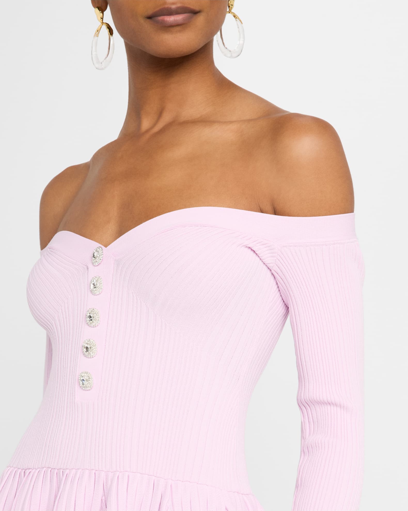 ワンピース SELF PORTRAIT PINK RIBBED KNIT OFF SHOULDER MINI DRESS Self-Portrait Off-Shoulder Ribbed Knit Mini Dress | Neiman