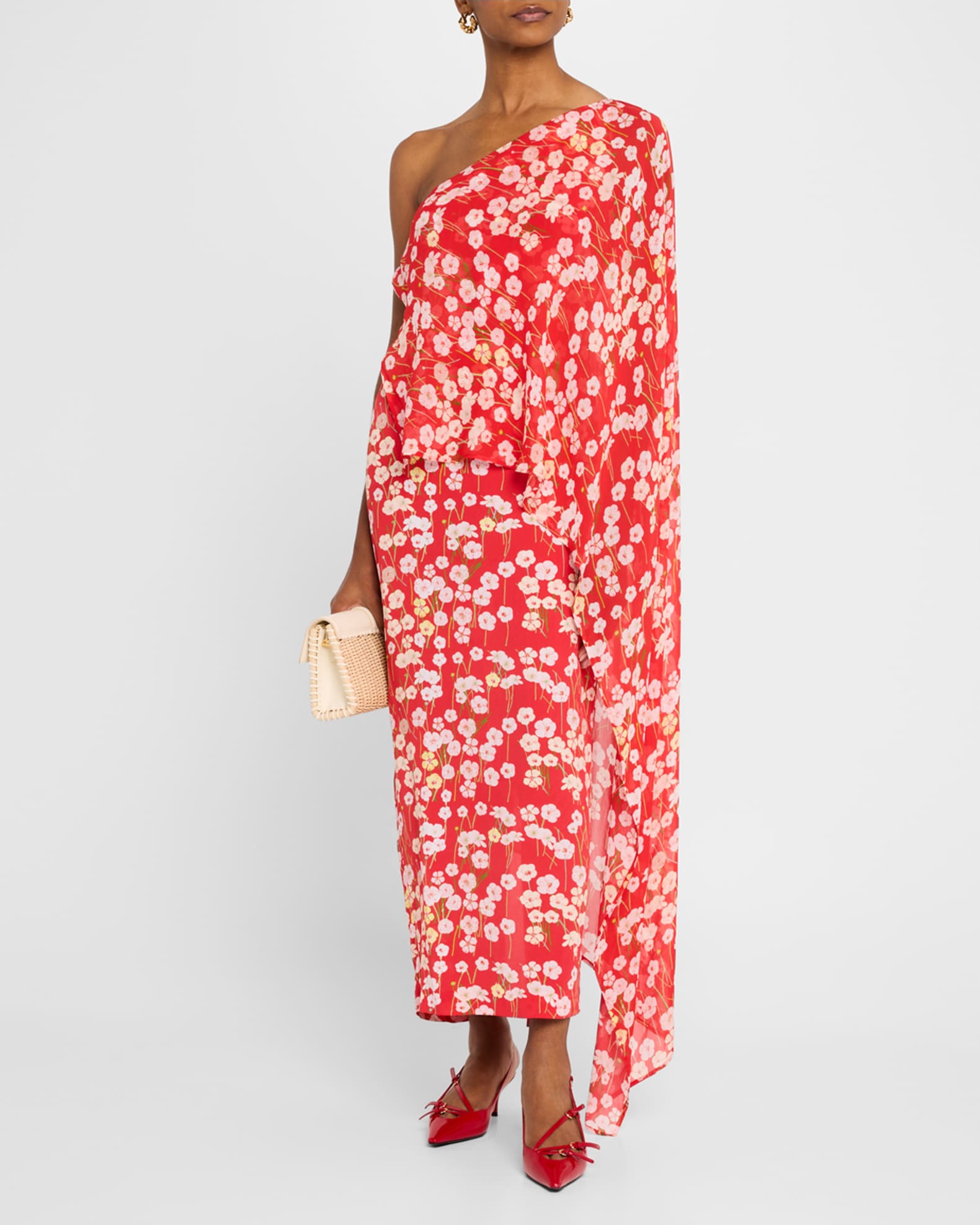 Nick Floral One-Shoulder Poncho Ankle Dress 1