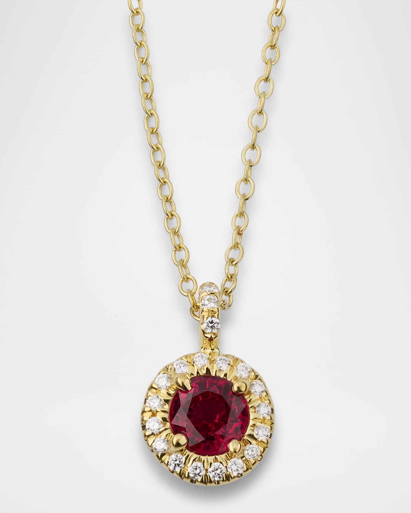 18K Yellow Gold Round Ruby and Diamond Pendant Necklace 0
