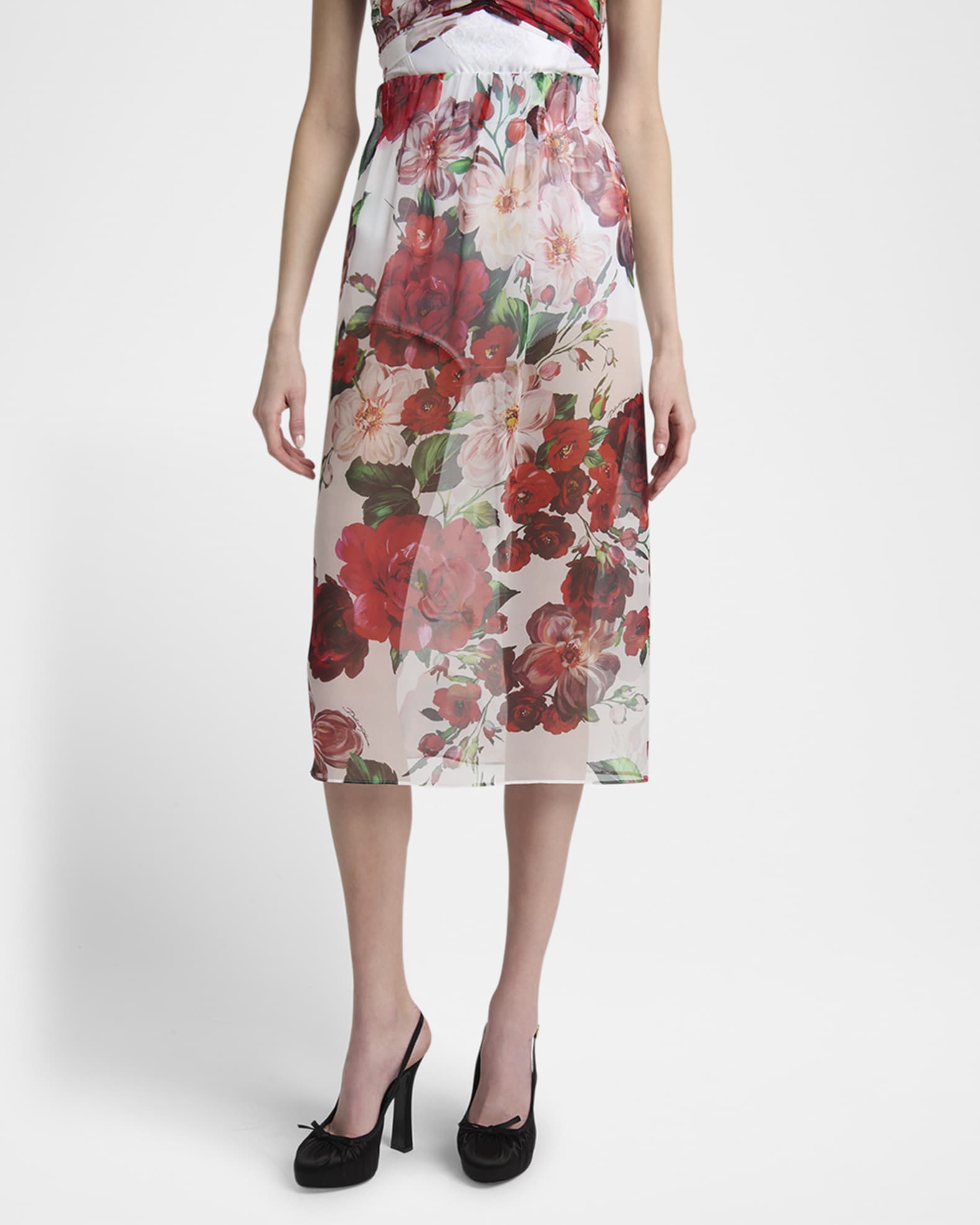Dolce&Gabbana Bouquet Rose Chiffon Sheer Midi Skirt | Neiman