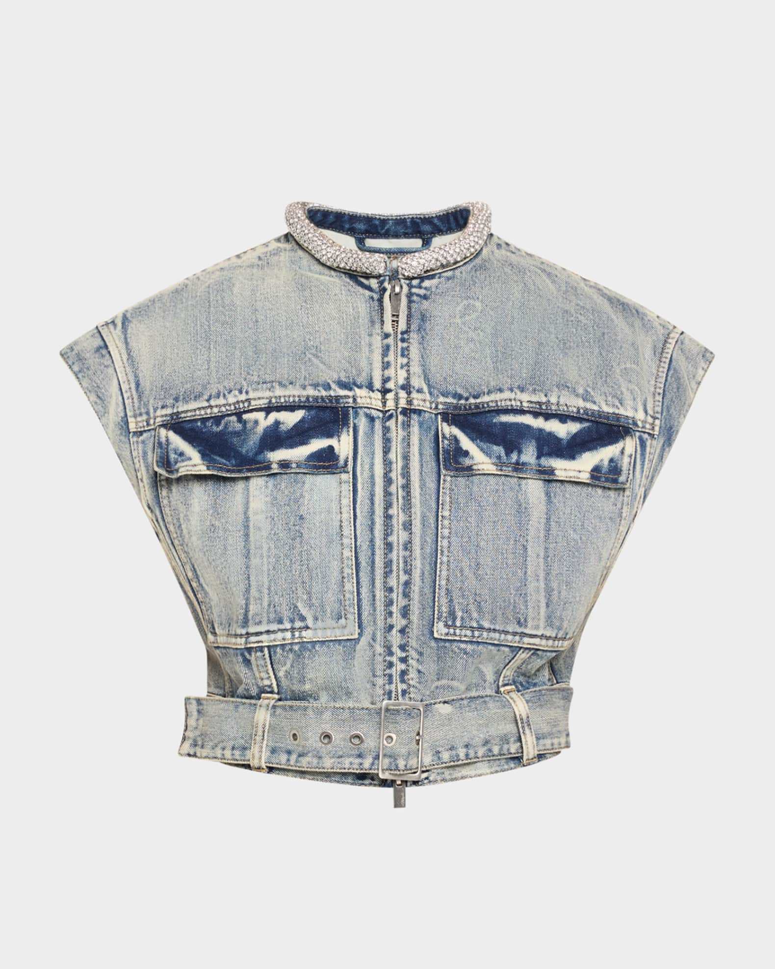 Crystal-Neck Denim Crop Vest 0