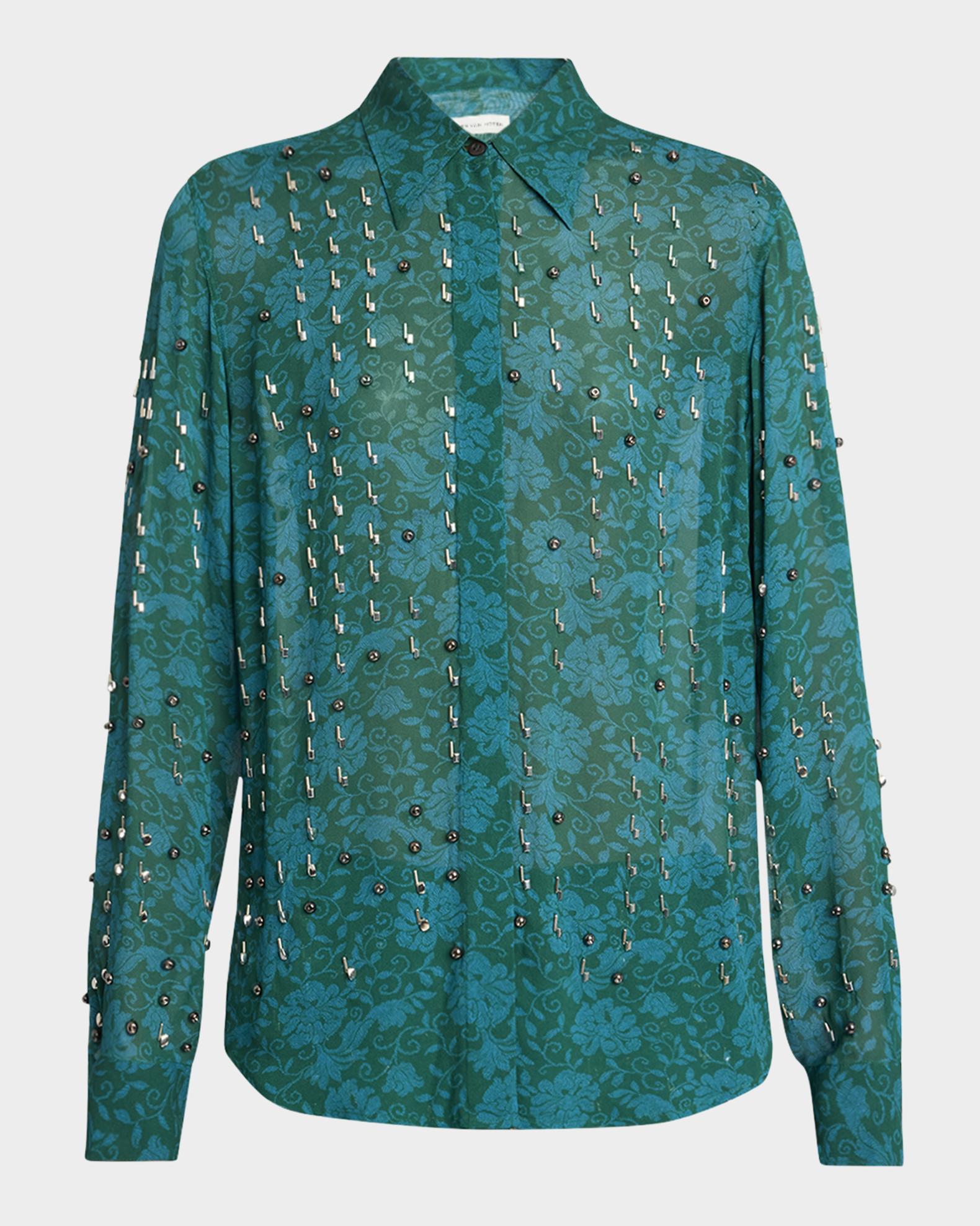 Floral Embellished Button-Down Shirt with Tie Detail - Black