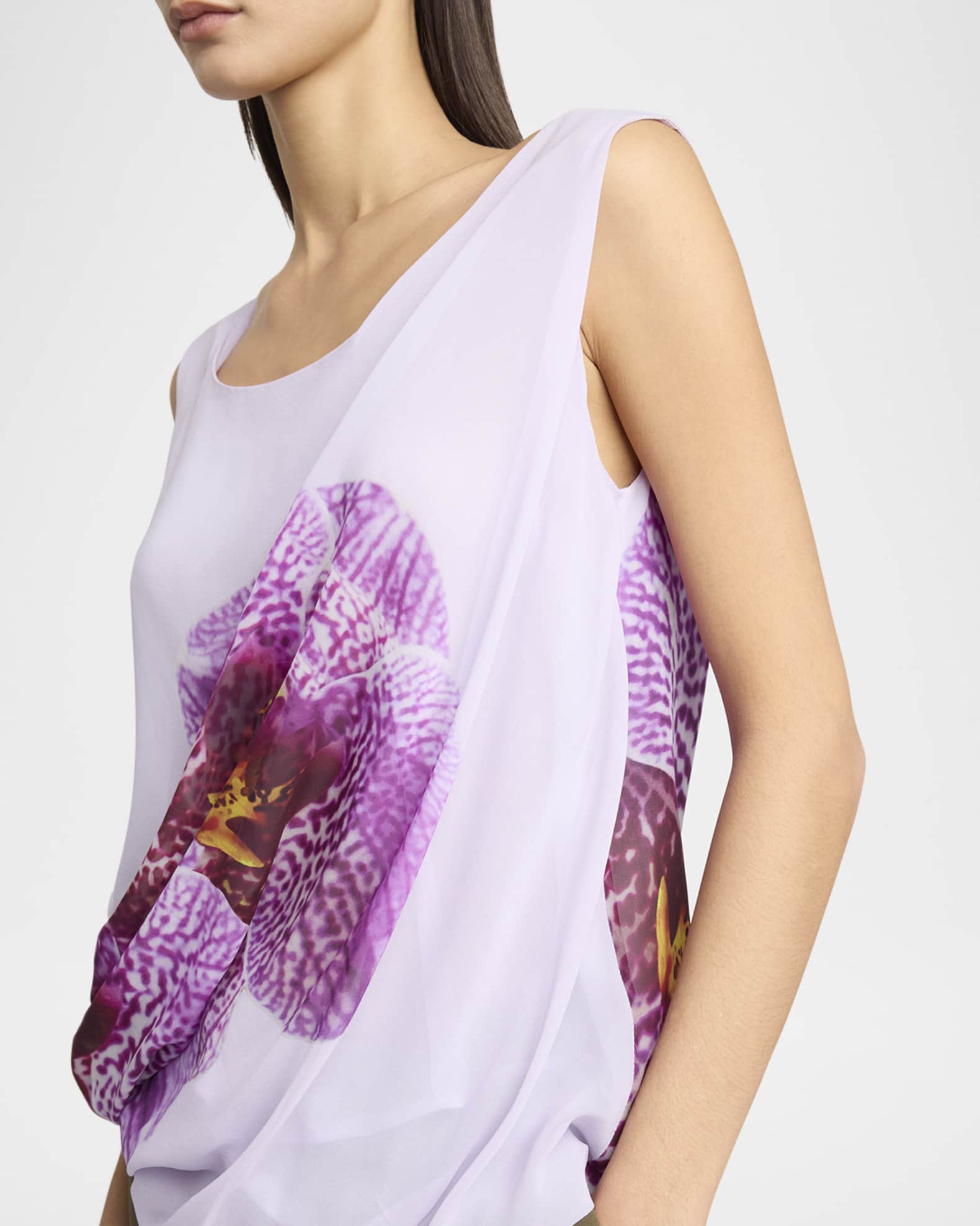 Dries Van Noten Cot Orchid-Print Draped Tank Top | Neiman Marcus