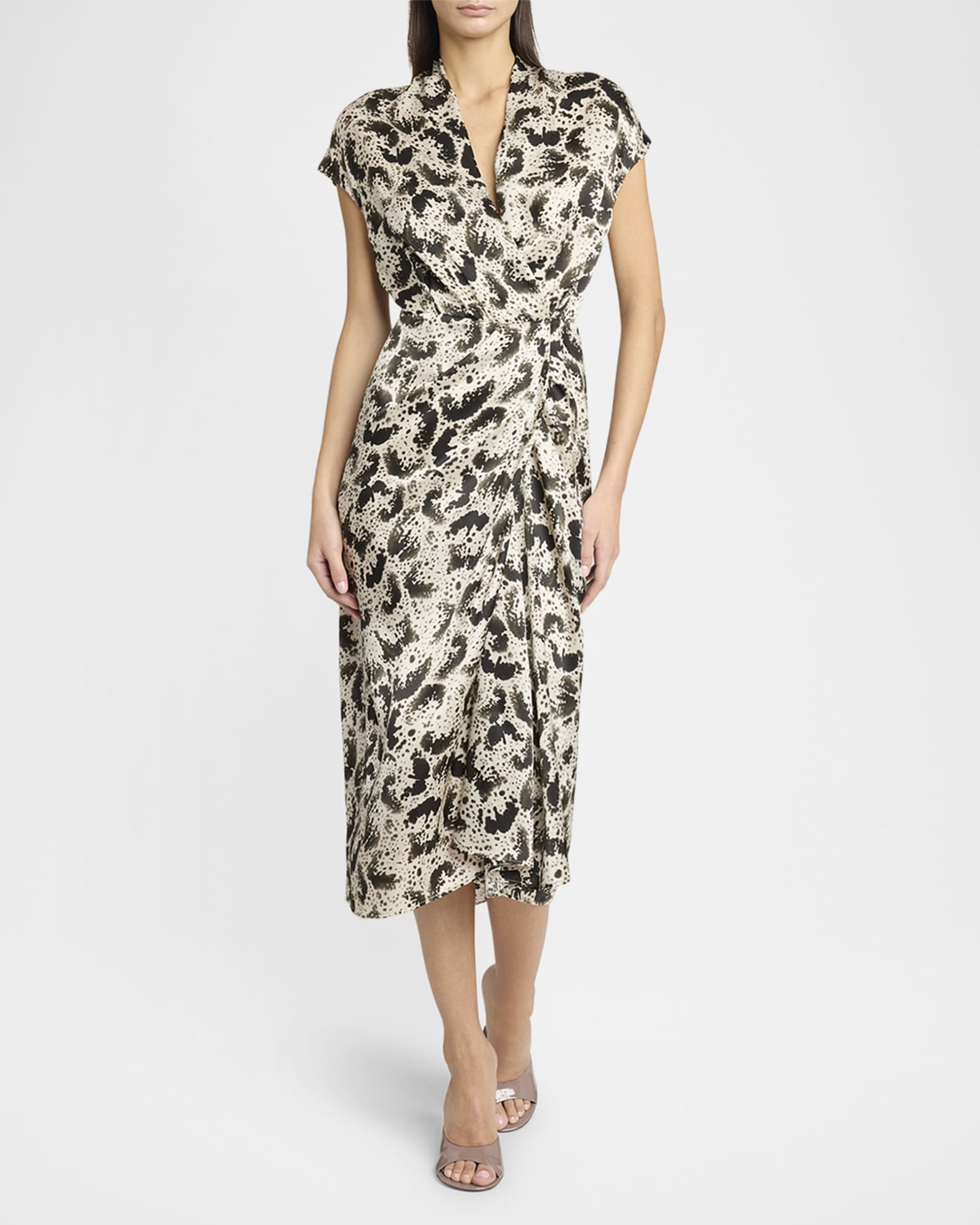 【DRIES VAN NOTEN】Printed midi dress プリントミディドレス Fuchsia Gathered printed crepe midi dress | DRIES VAN NOTEN