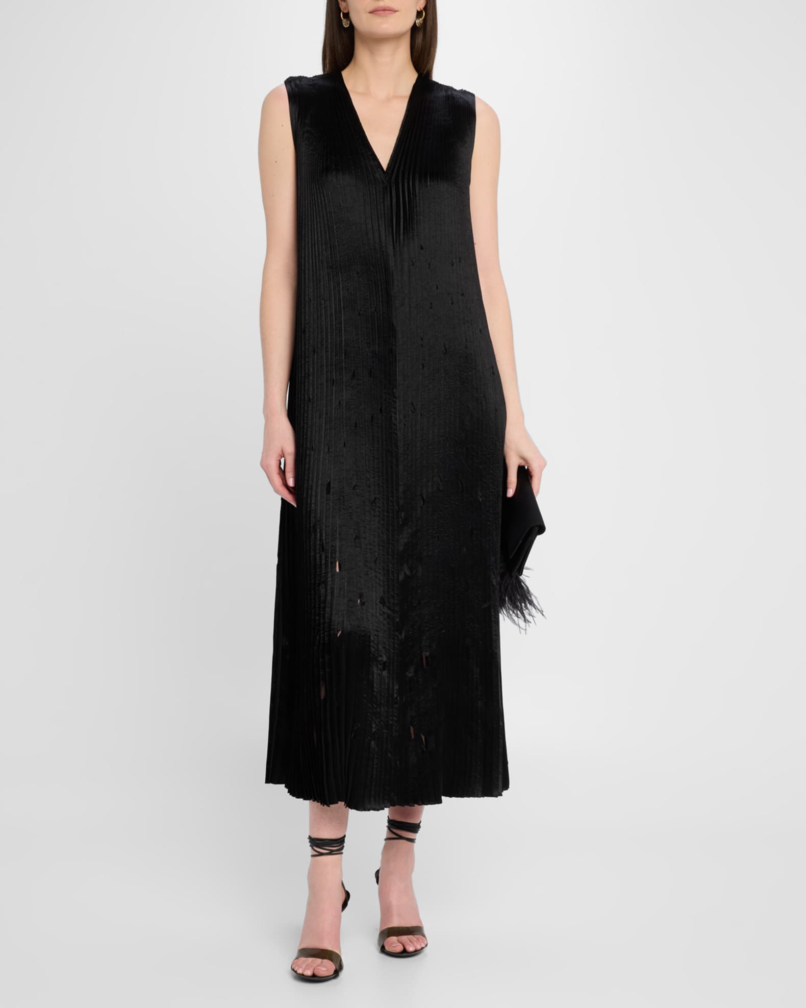 Pleated Satin Laser-Cut Trapeze Dress 1