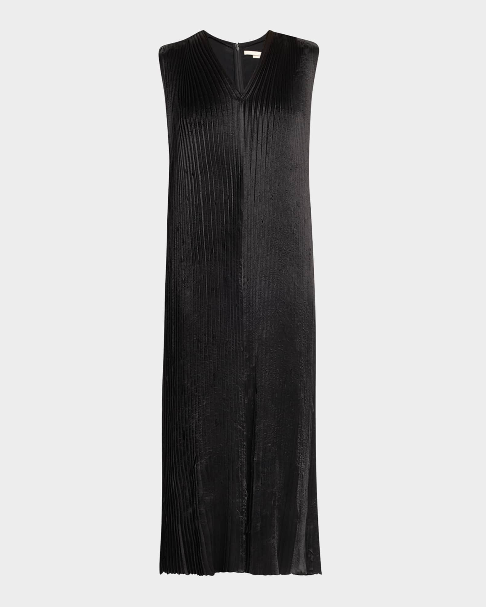 Pleated Satin Laser-Cut Trapeze Dress 0