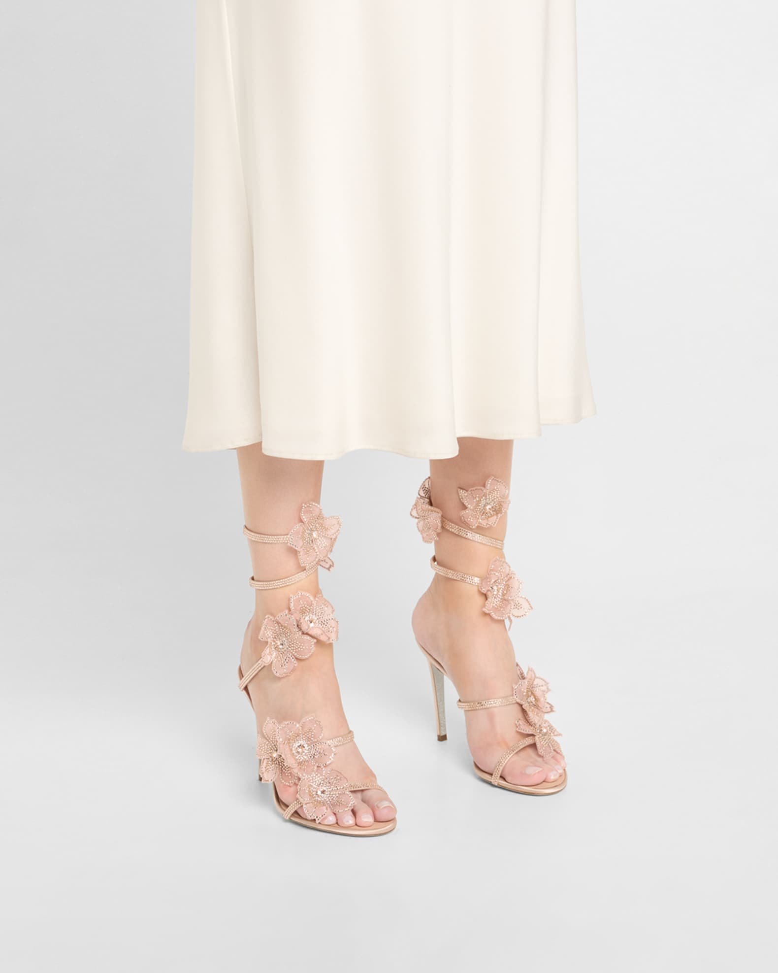 Floraine Crystal Flowers Satin Snake-Wrap Sandals 1