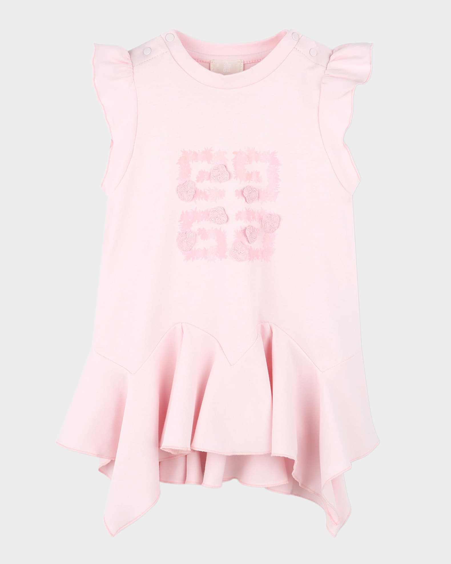 Girl's Flounce Dress W/ 4G Floral Appliques, Size 12M-3 0